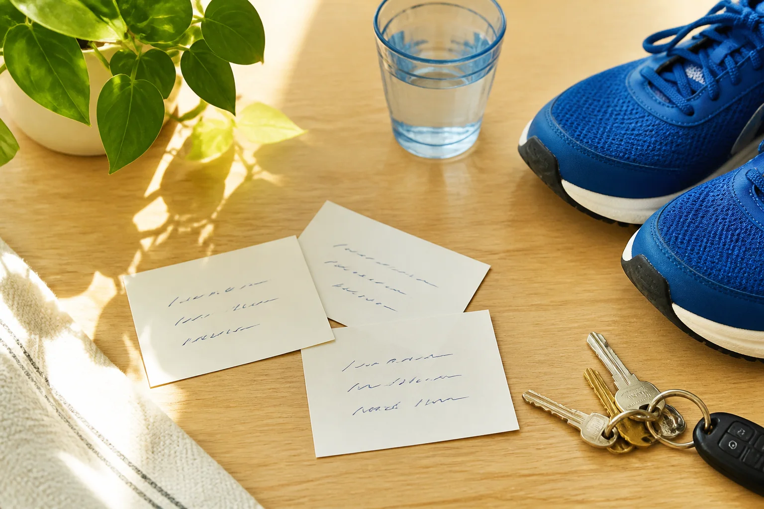 Tarjetas de afirmaciones manuscritas junto a llaves, calzado deportivo, agua y una planta vistas desde arriba