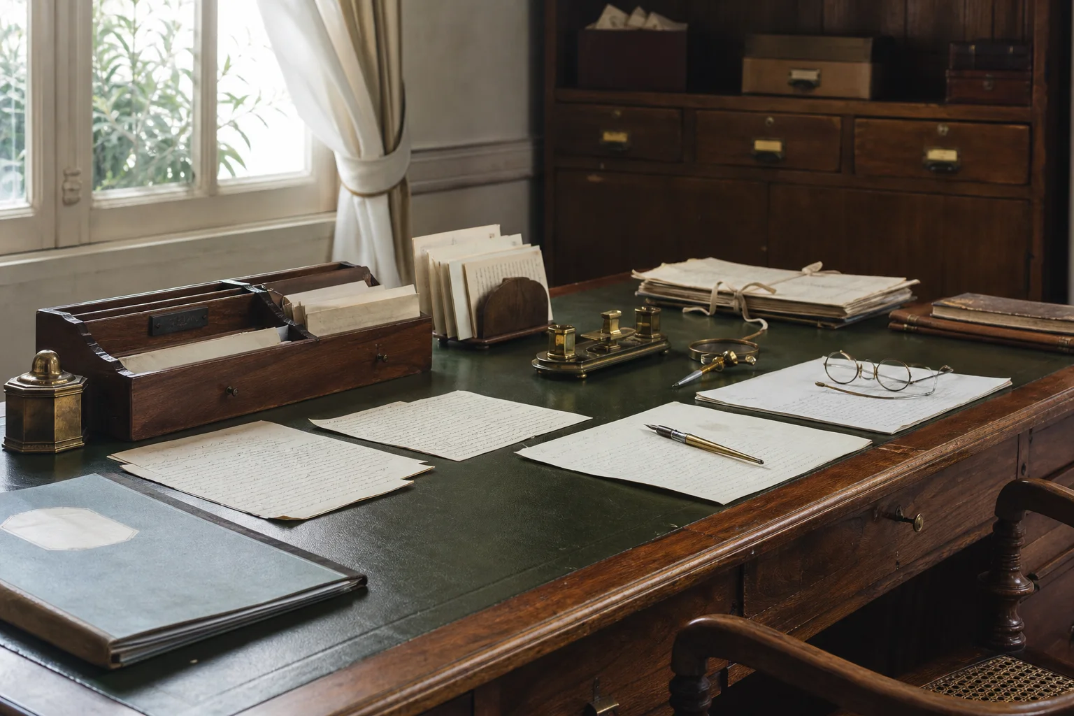 Escritorio histórico del siglo XIX con documentos manuscritos, pluma y elementos de estudio