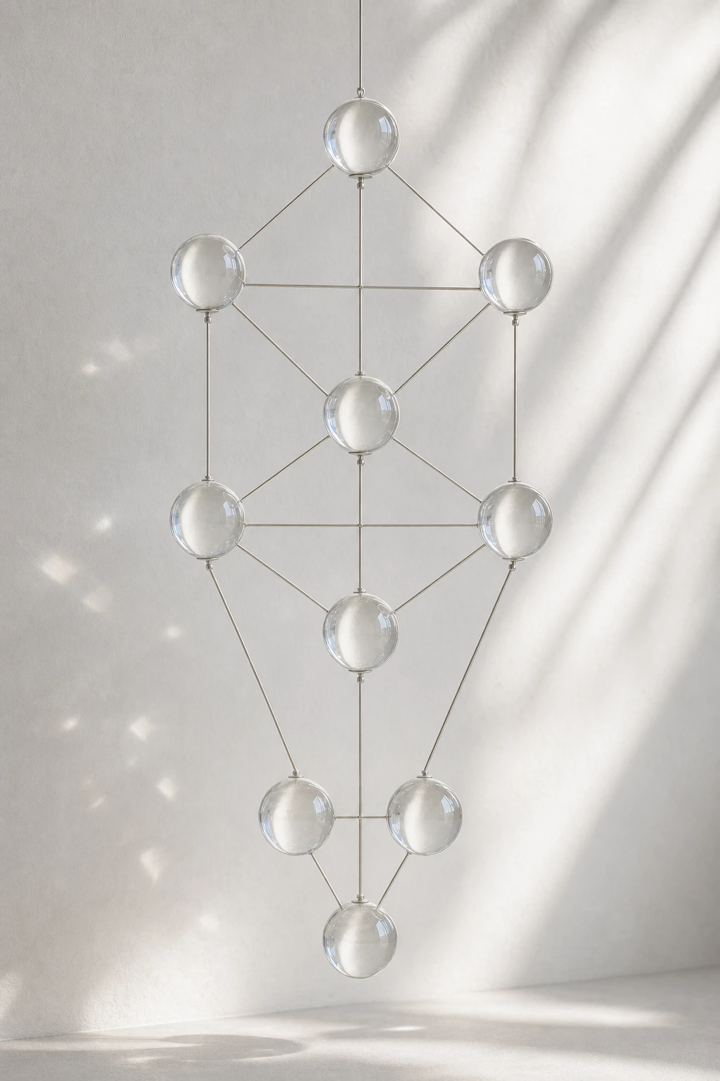 Árbol de la Vida luminoso y minimalista con esferas conectadas por líneas sutiles sobre fondo claro