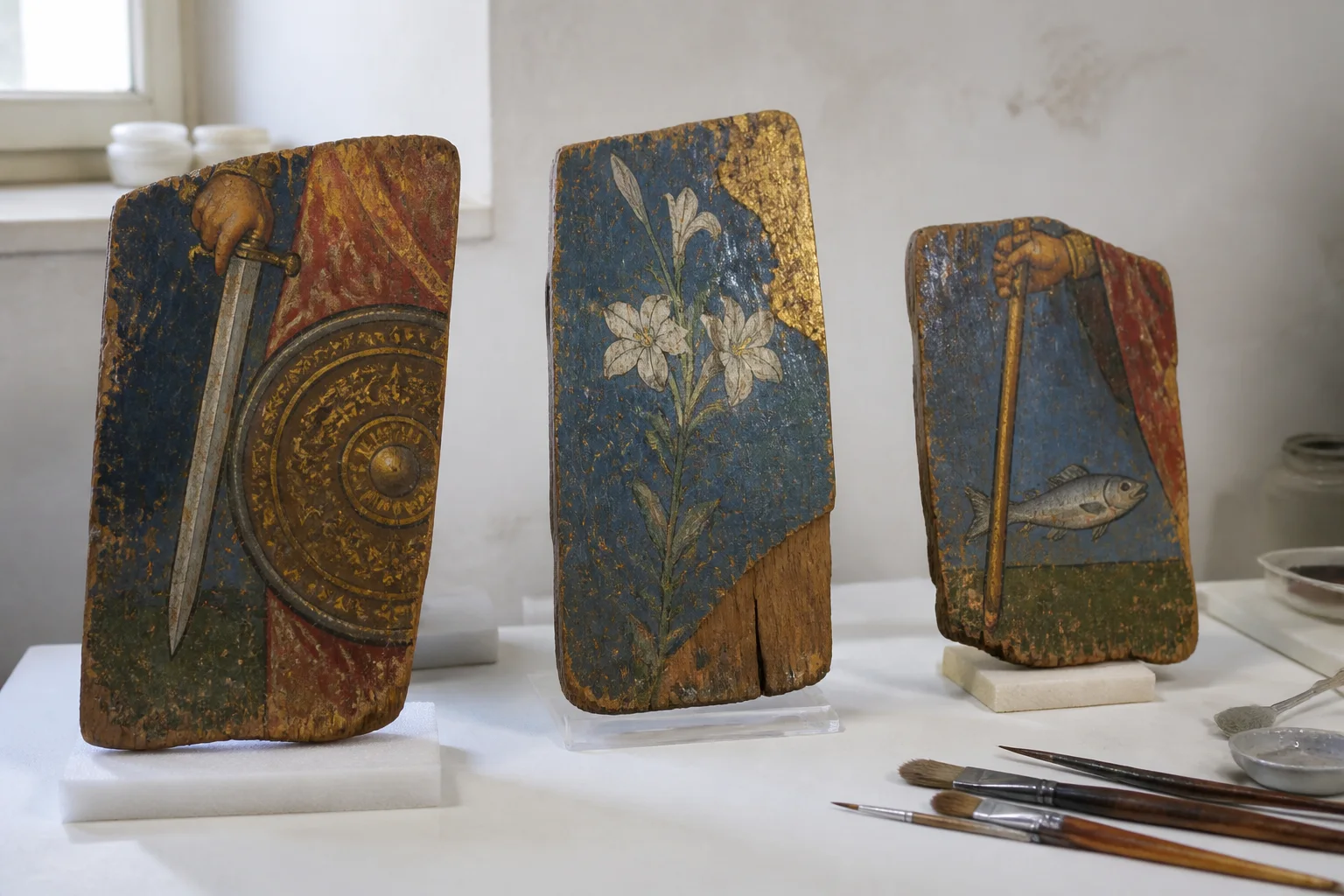 Paneles históricos con una espada, lirios y un bastón de viaje conservados en un taller luminoso