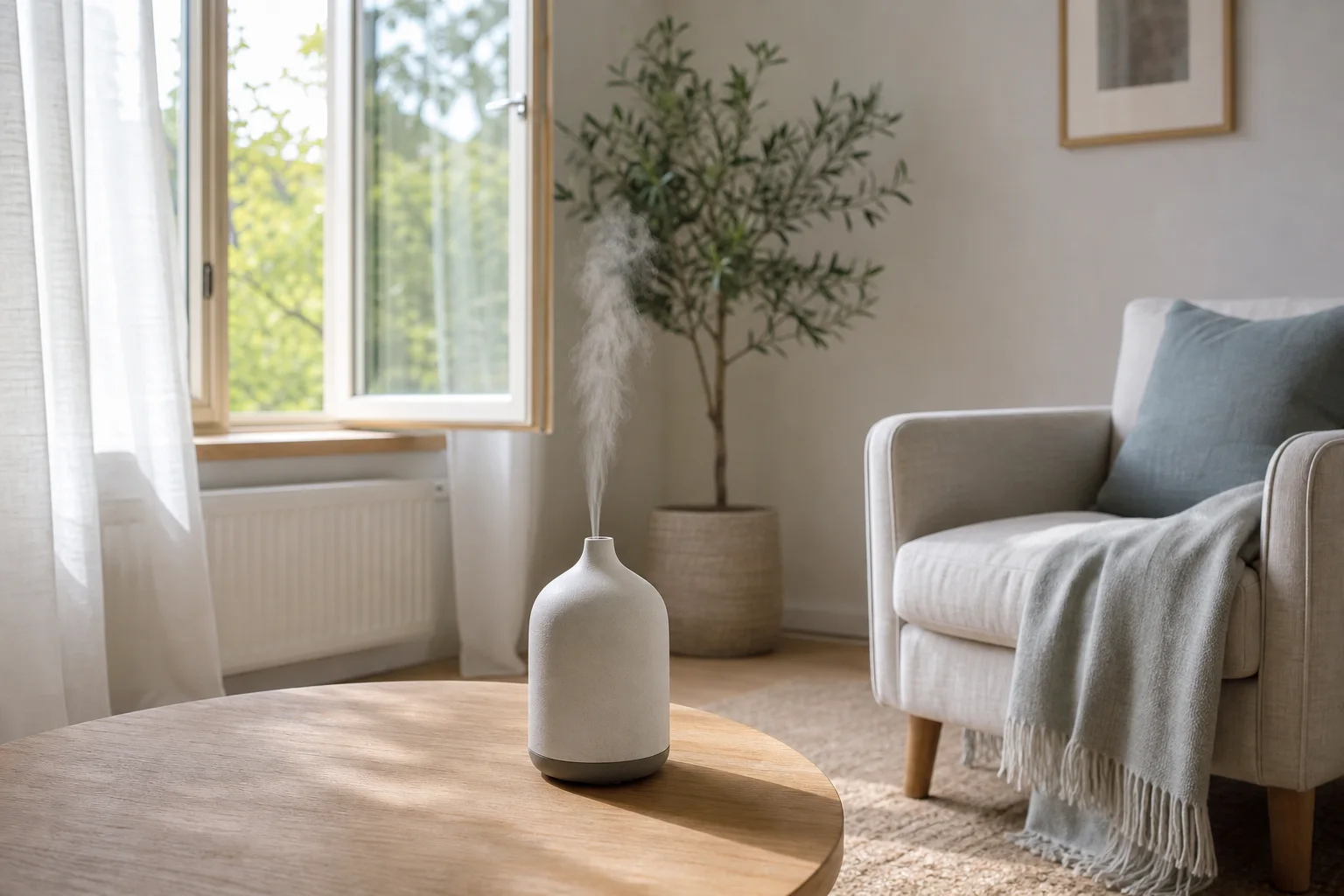 Difusor de cerámica en una habitación serena y luminosa junto a una ventana abierta
