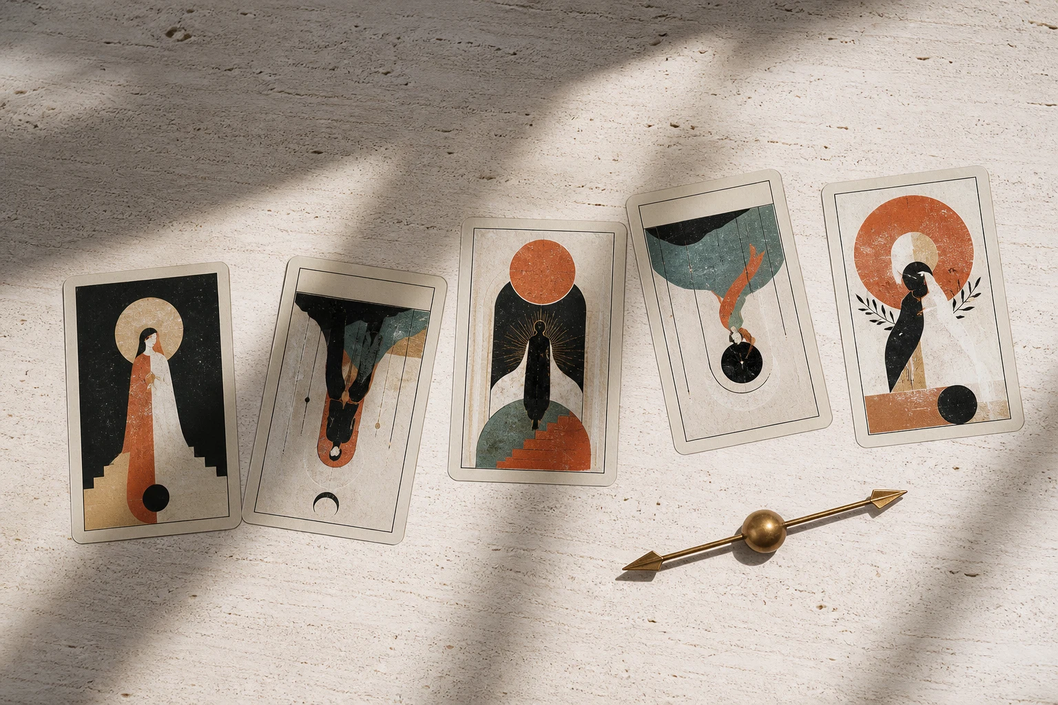 Cinco cartas de tarot con ilustraciones contemporáneas colocadas en orientaciones distintas sobre piedra clara