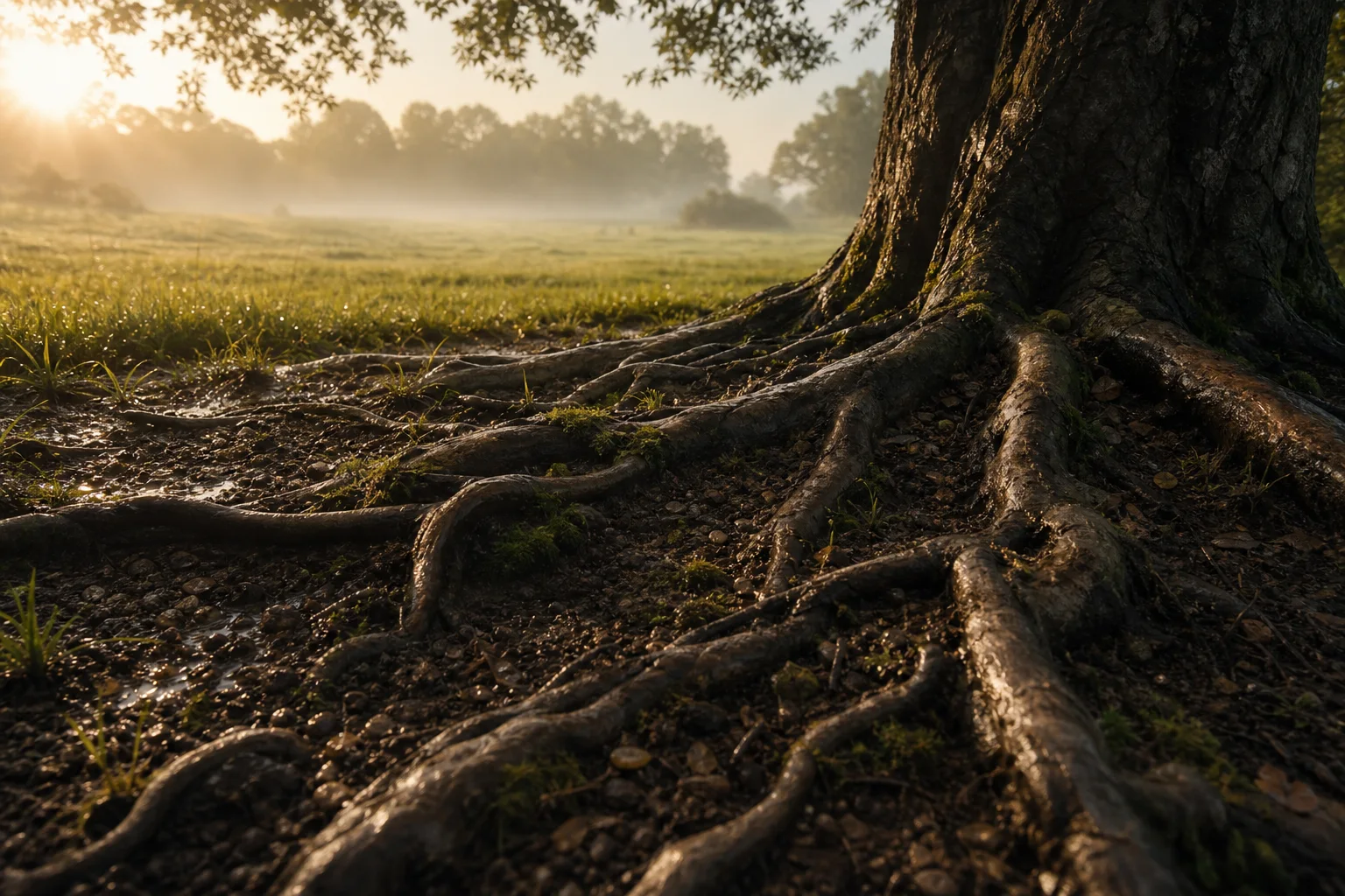 Raíces de un árbol extendidas sobre tierra húmeda en un paisaje iluminado al amanecer