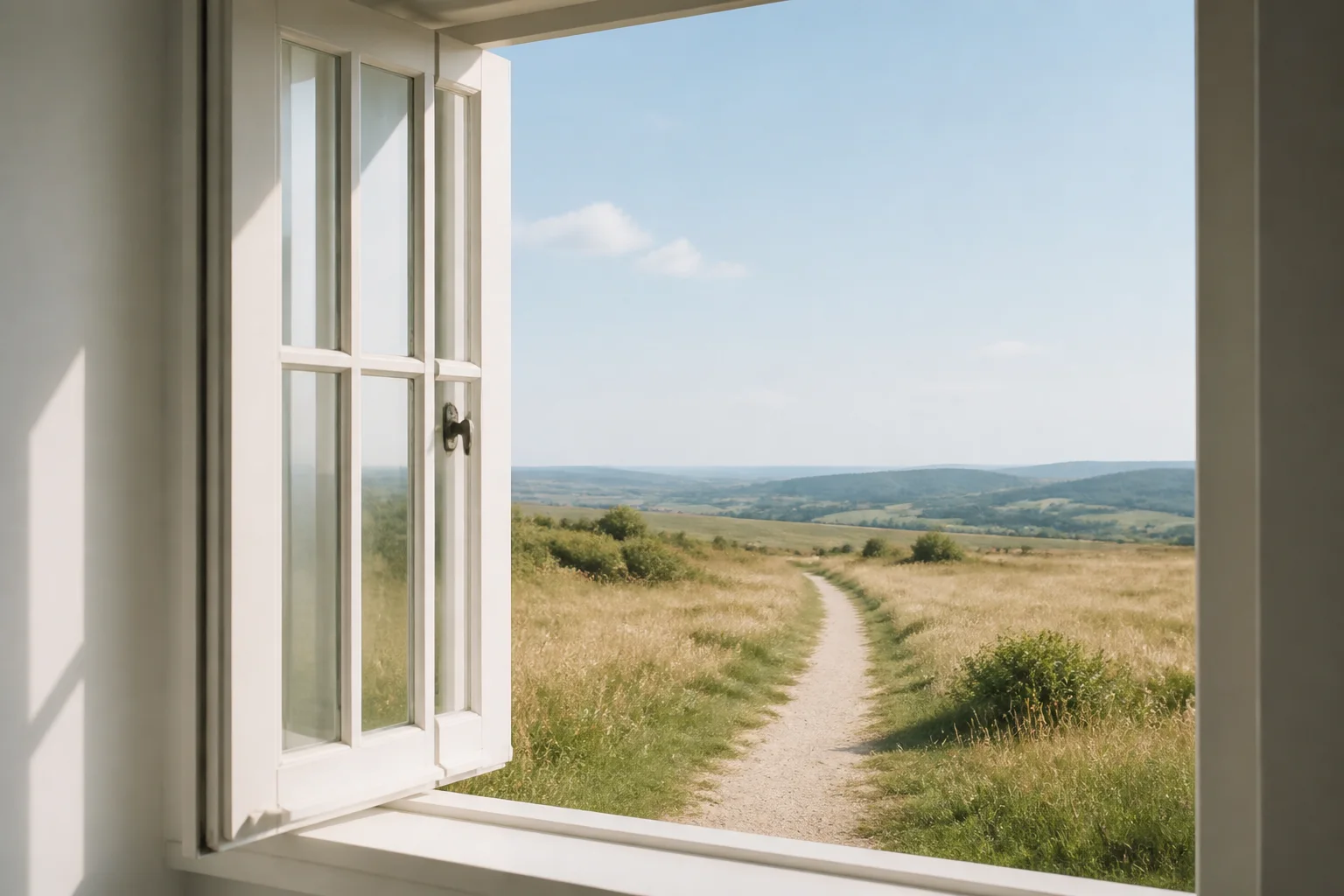 Ventana abierta hacia un sendero luminoso y un paisaje amplio bajo cielo claro