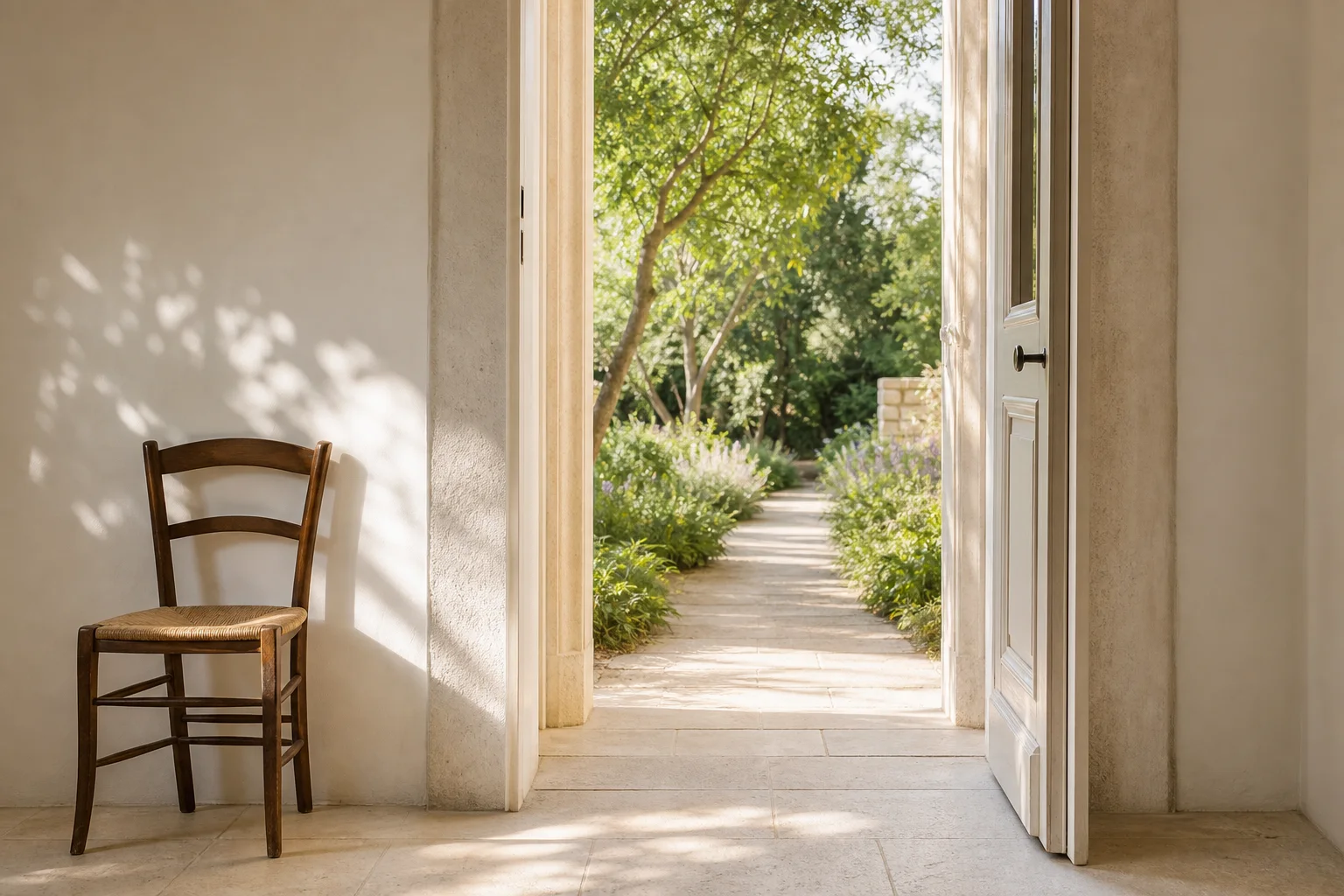 Puerta abierta hacia un sendero claro y un jardín iluminado como metáfora de investigación