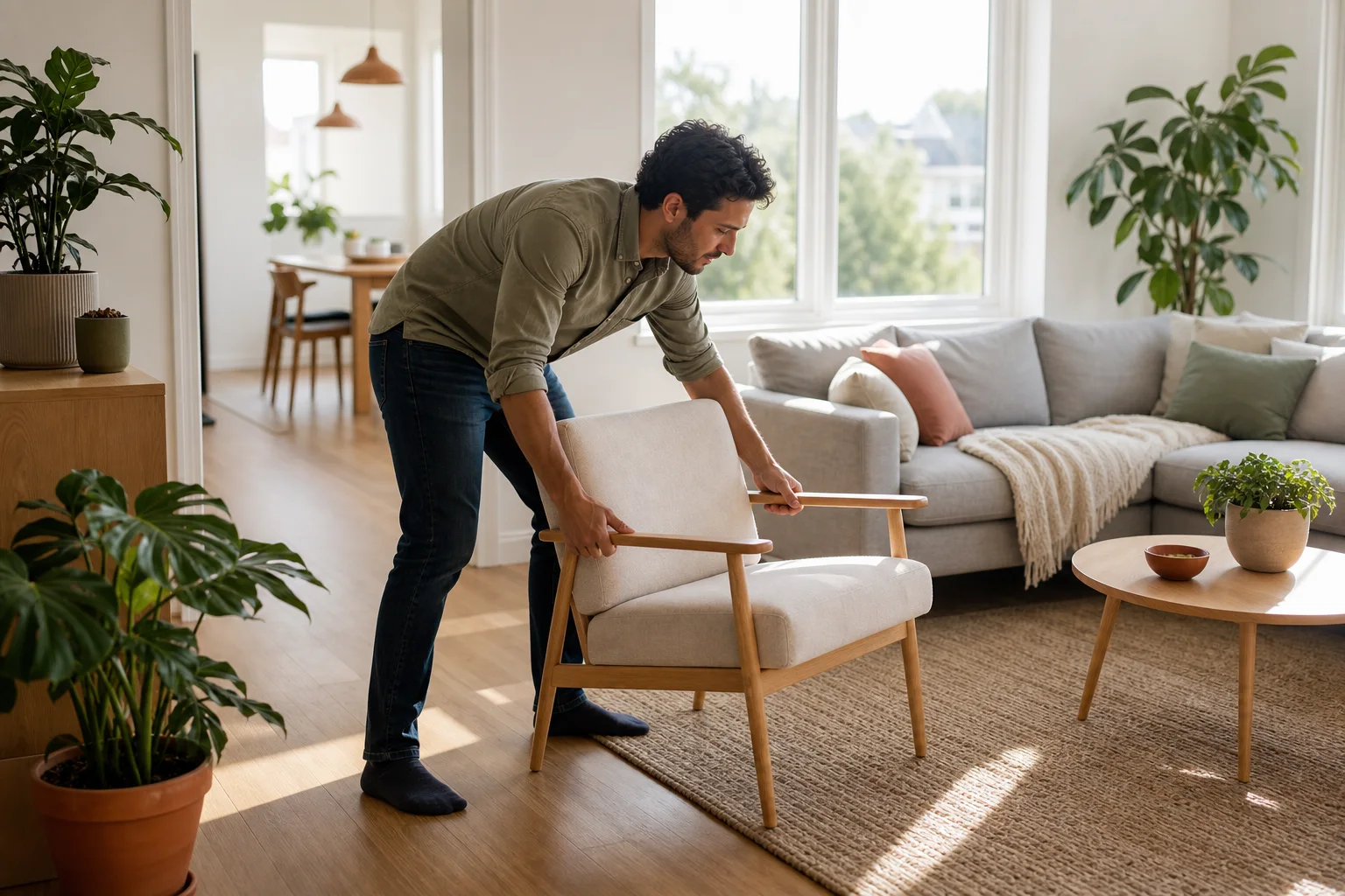 Persona reorganizando una silla para despejar el paso en una habitación luminosa