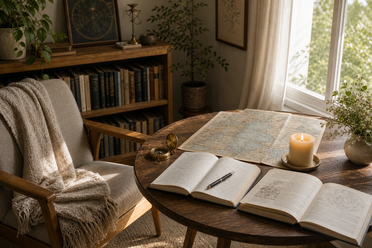 Rincón de lectura y práctica con libro abierto, vela, mapa y planta en luz de mañana