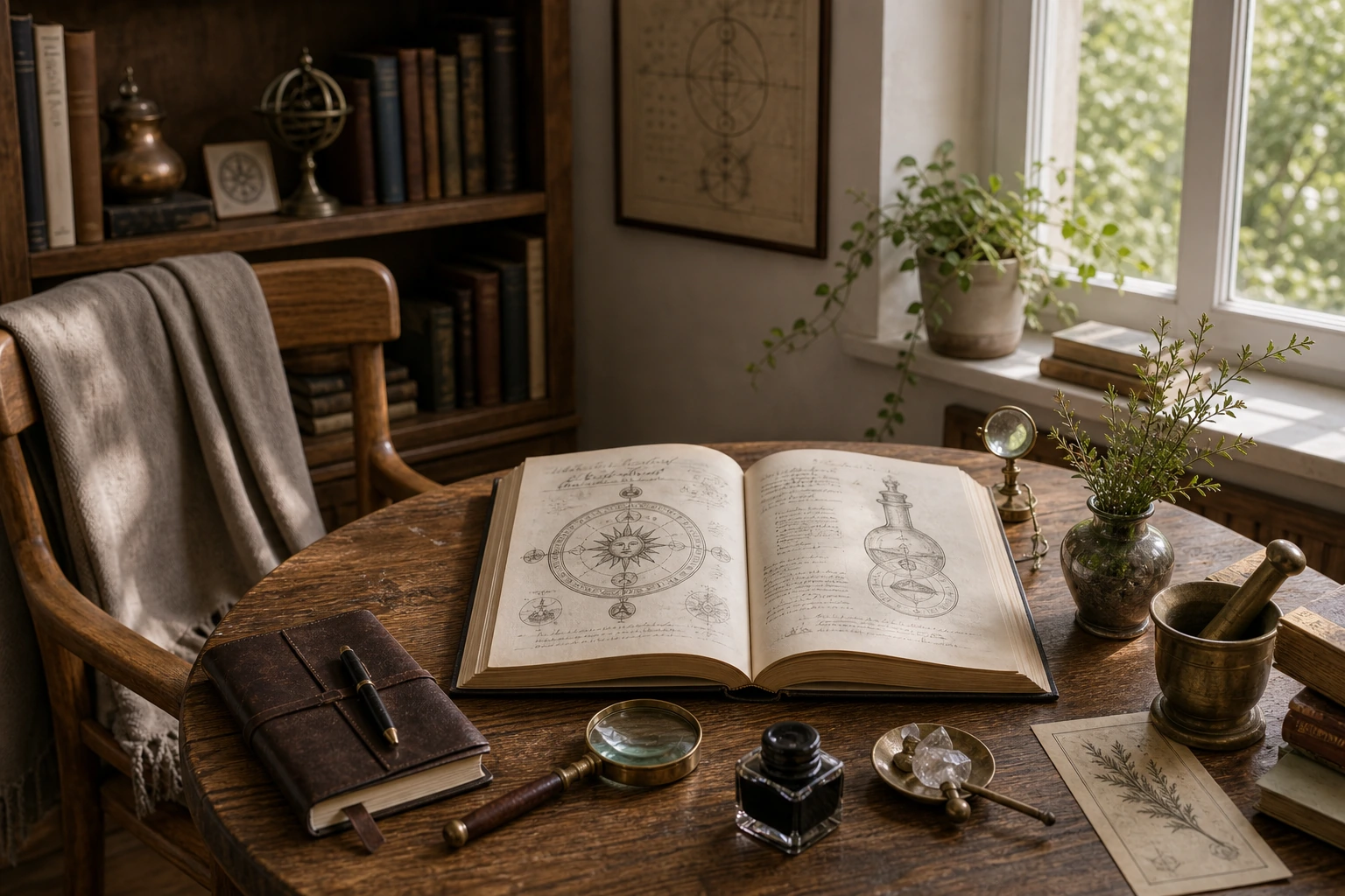 Mesa de estudio alquímico con libros, pergamino, vaso de vidrio, tinta y luz de ventana sobria