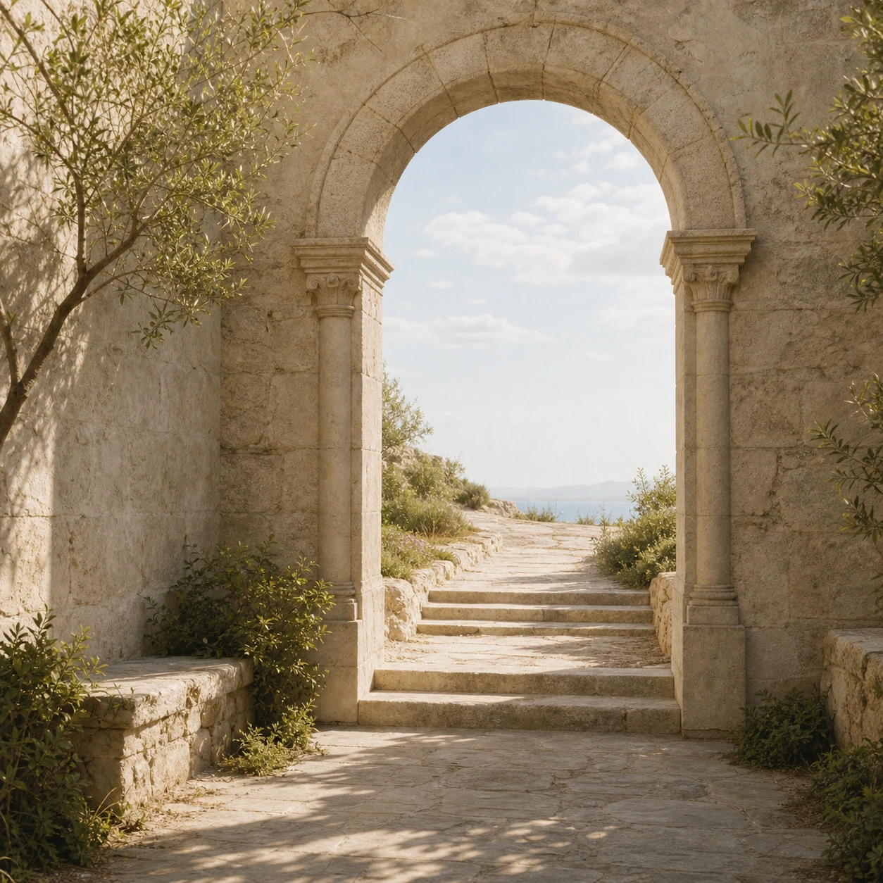 Arco antiguo abierto hacia un camino luminoso, como metáfora sobria de búsqueda interior