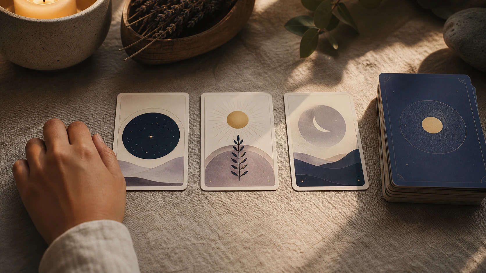 Tres cartas oraculares dispuestas sobre un paño, iluminadas por una luz cálida y suave