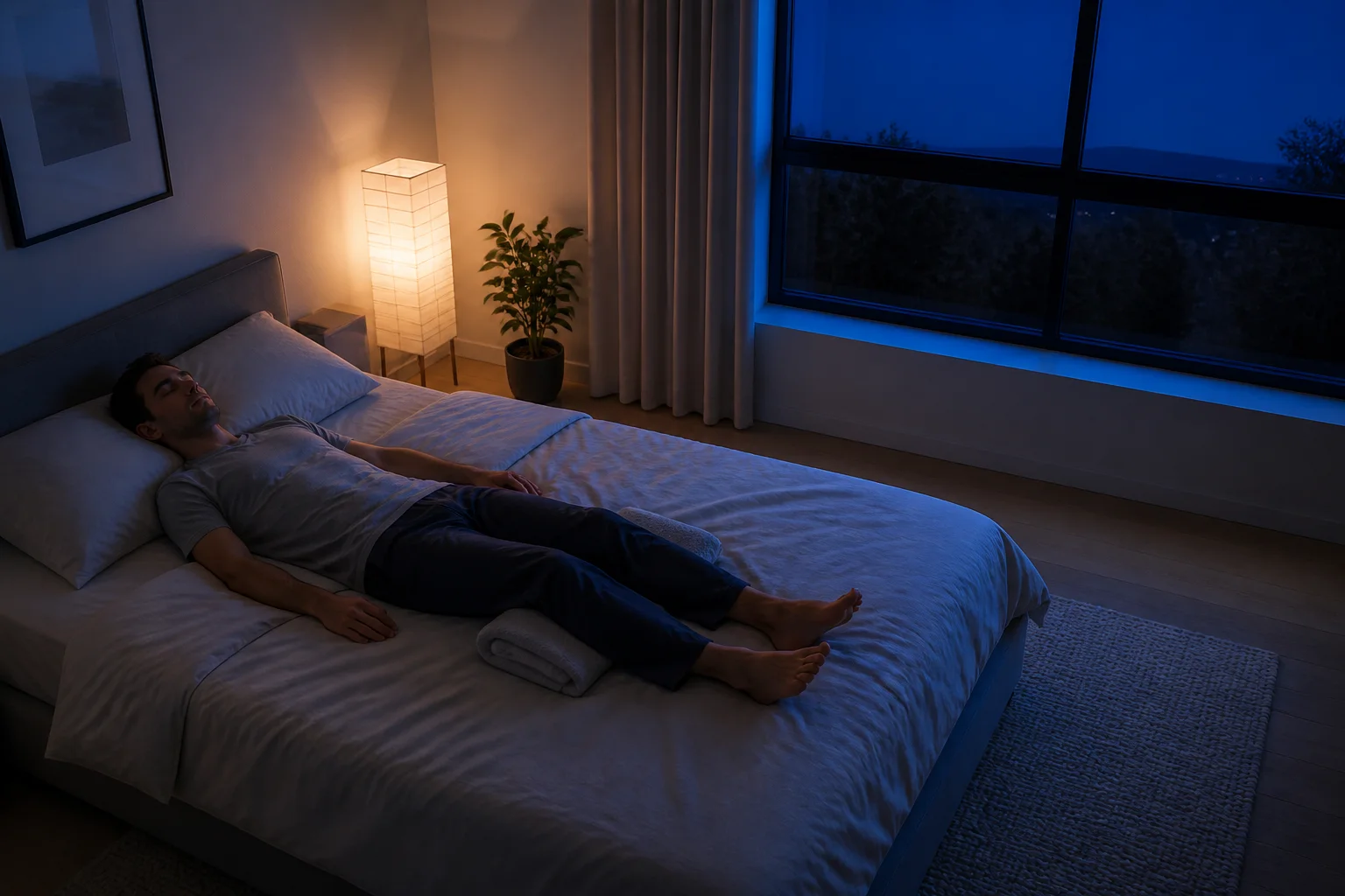 Persona en relajación profunda sobre una cama en una habitación nocturna iluminada con tonos azules y cálidos