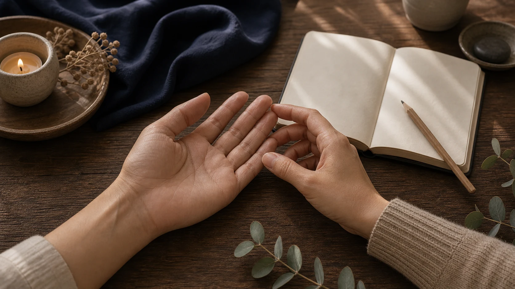 Dos manos sobre una mesa con cuaderno abierto y luz cálida, sin texto ni marcas