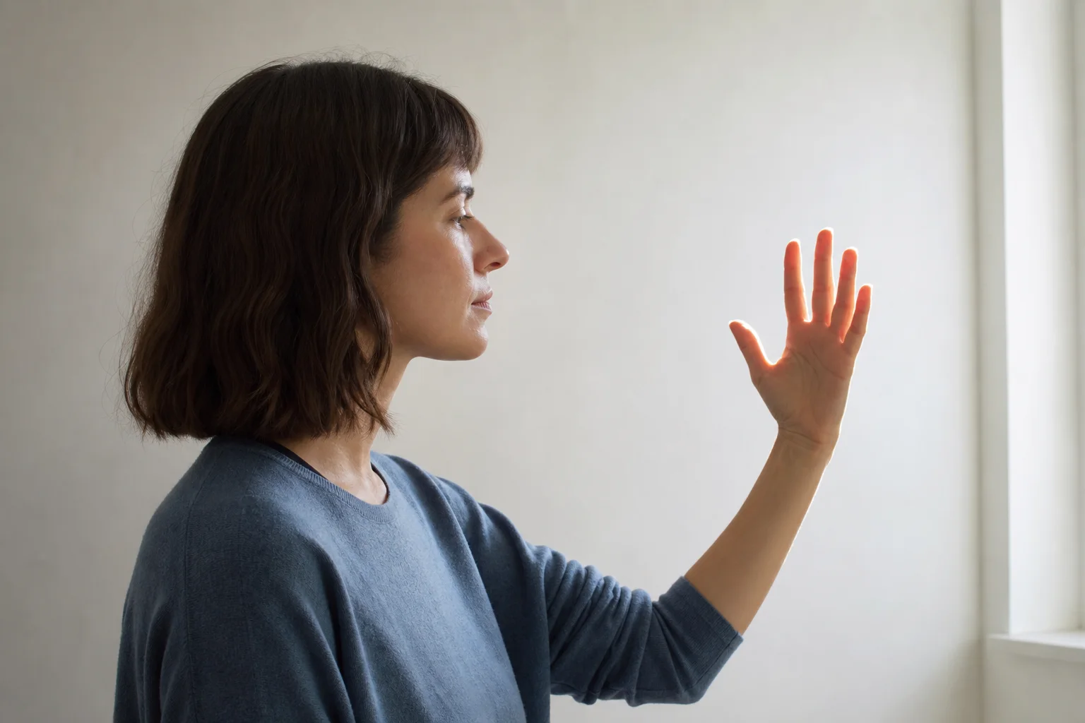 Persona observando su mano frente a una pared clara con iluminación natural
