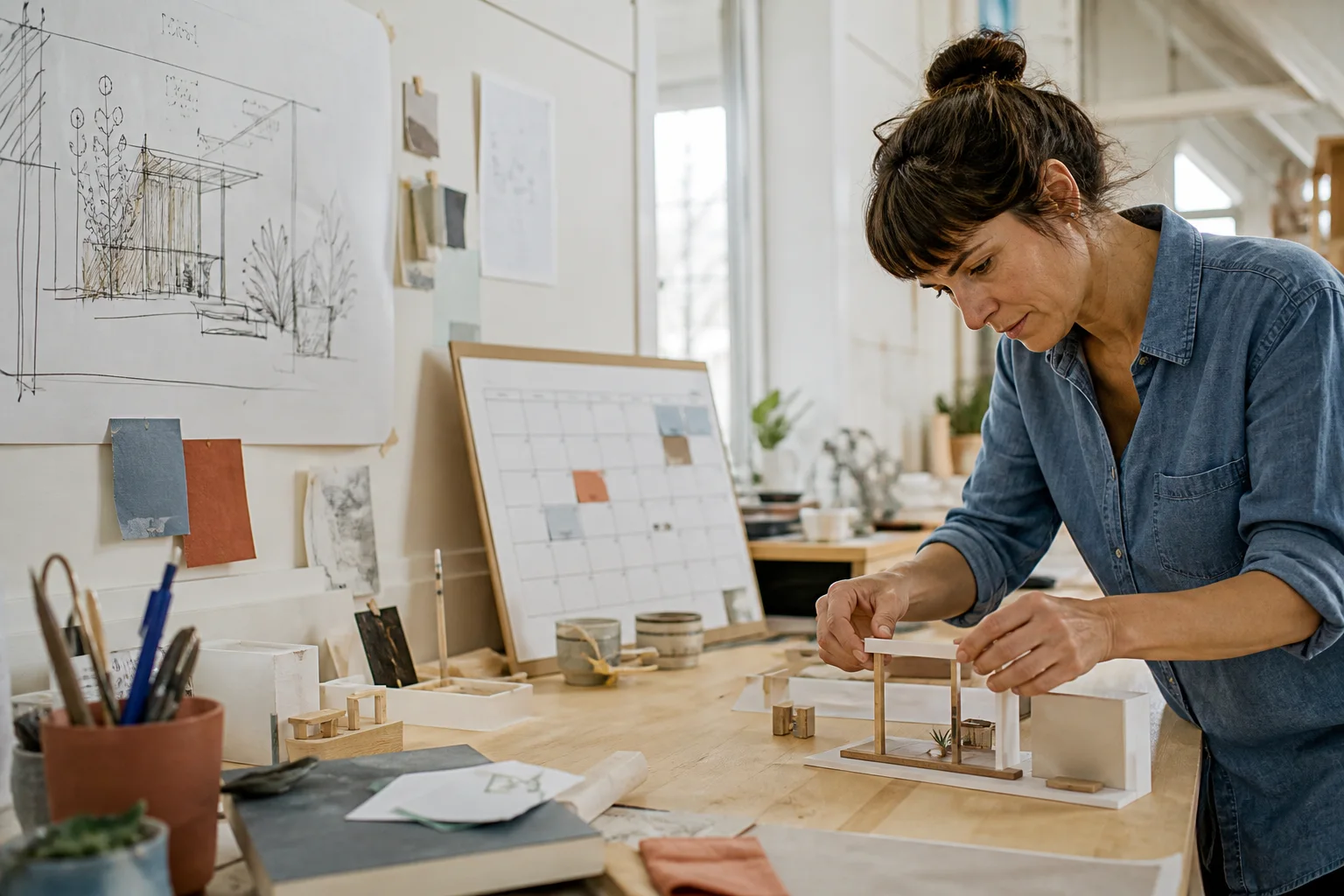 Mujer desarrollando una maqueta junto a bocetos y un calendario en un taller de proyectos luminoso