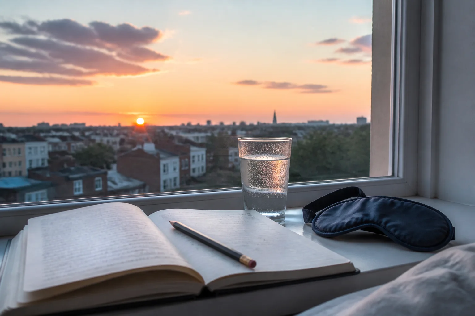 Cuaderno de sueños abierto junto a una ventana mientras amanece sobre una ciudad