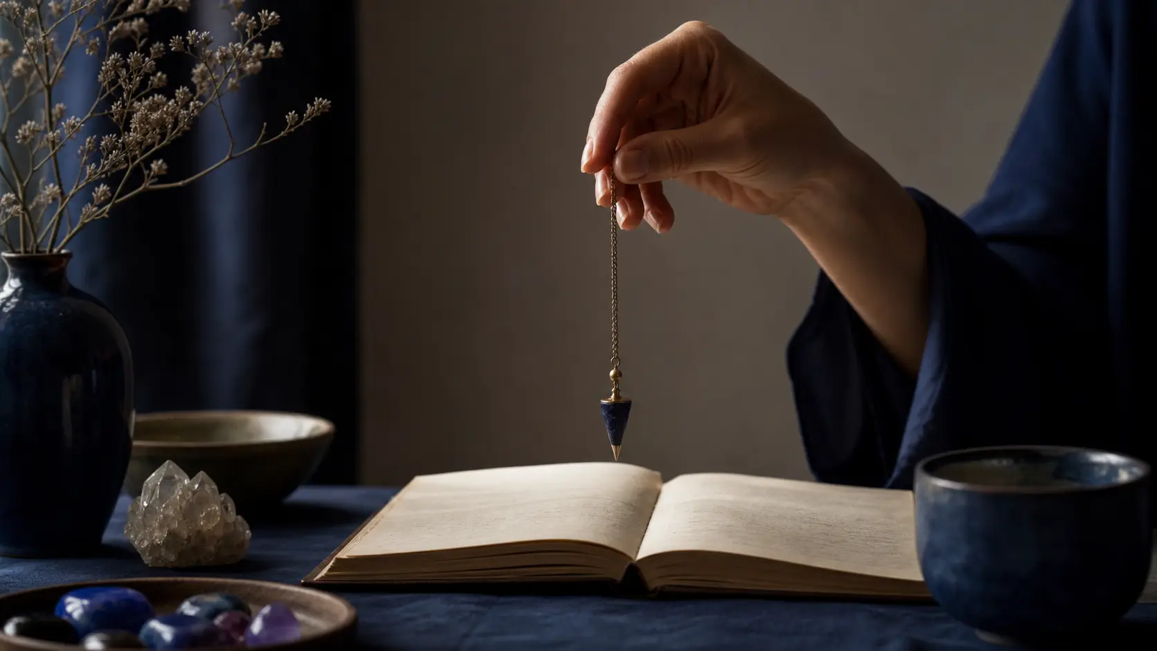 Mano sosteniendo un péndulo sobre una libreta abierta con luz suave e índigo