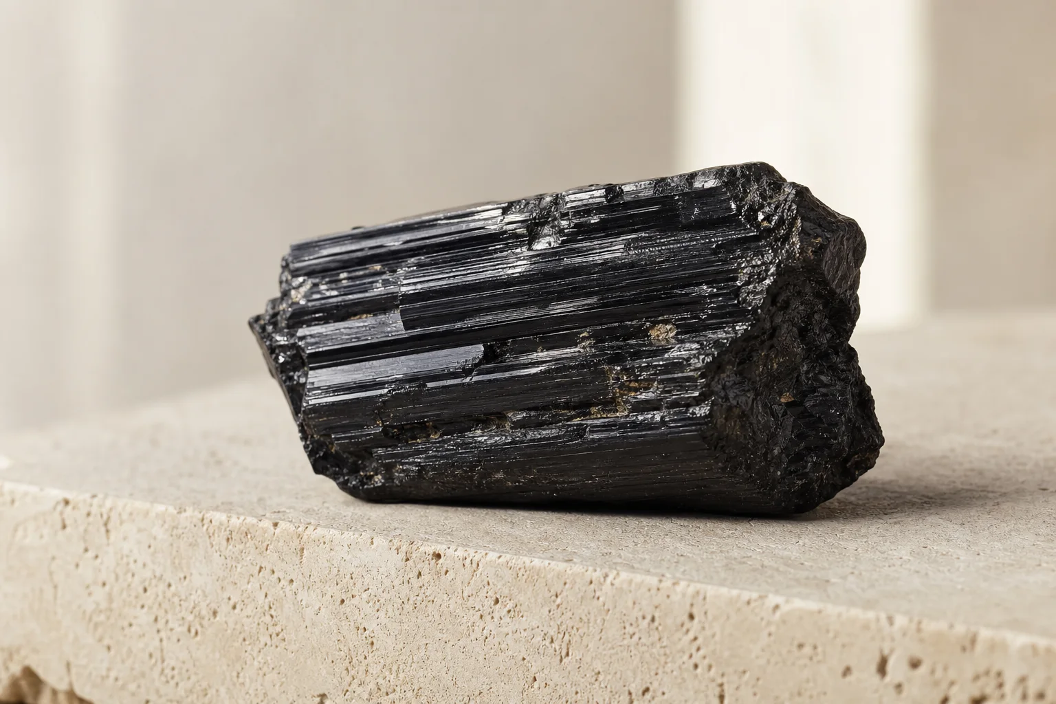 Ejemplar natural de turmalina negra con estrías sobre una base de piedra clara