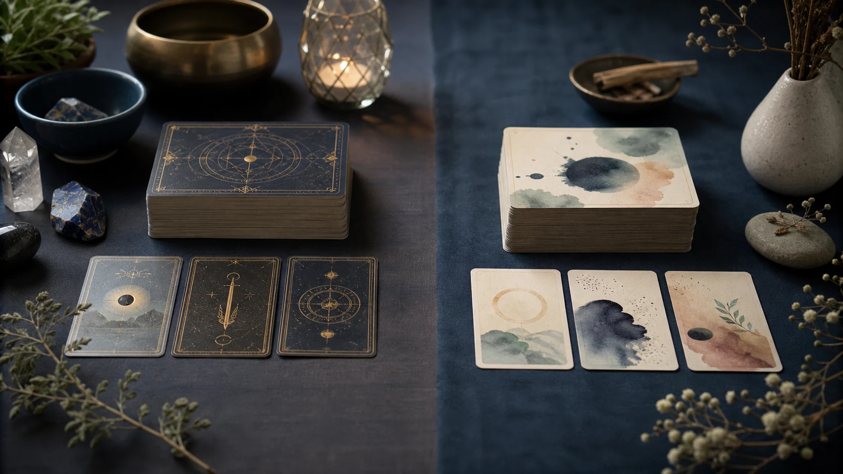 Dos mazos de cartas, uno de tarot y otro oracular, dispuestos lado a lado sobre una mesa