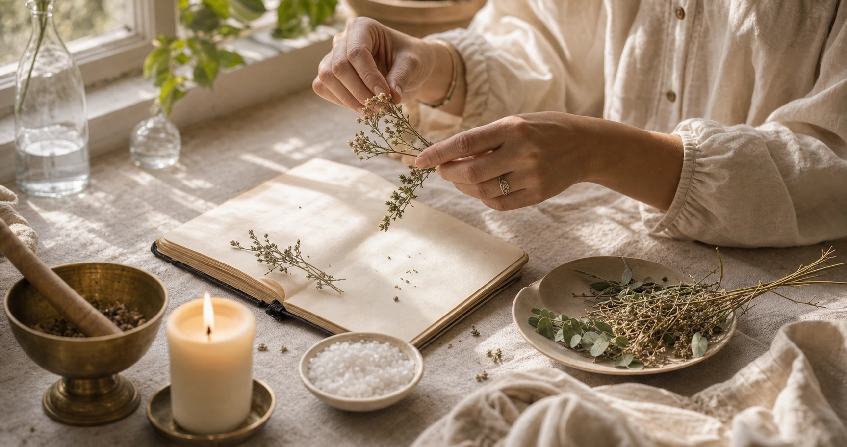Manos preparando hierbas y una vela junto a un cuaderno ritual sobre una mesa luminosa de madera