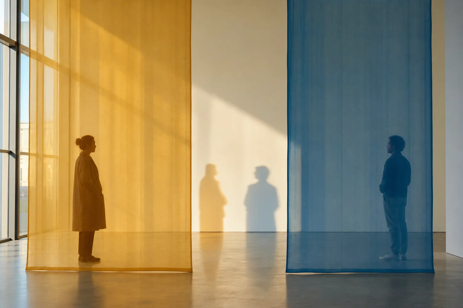 Dos figuras separadas por paneles translúcidos con luces cálidas y frías que alteran su percepción
