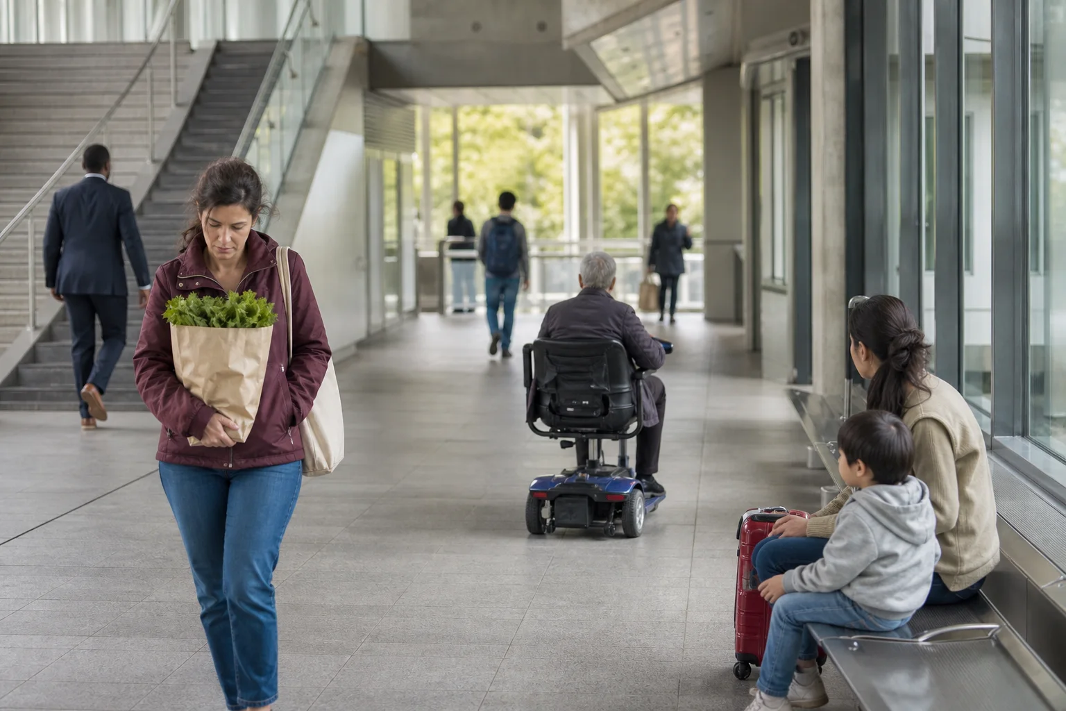 Personas con circunstancias diferentes recorriendo y esperando en un espacio público contemporáneo luminoso