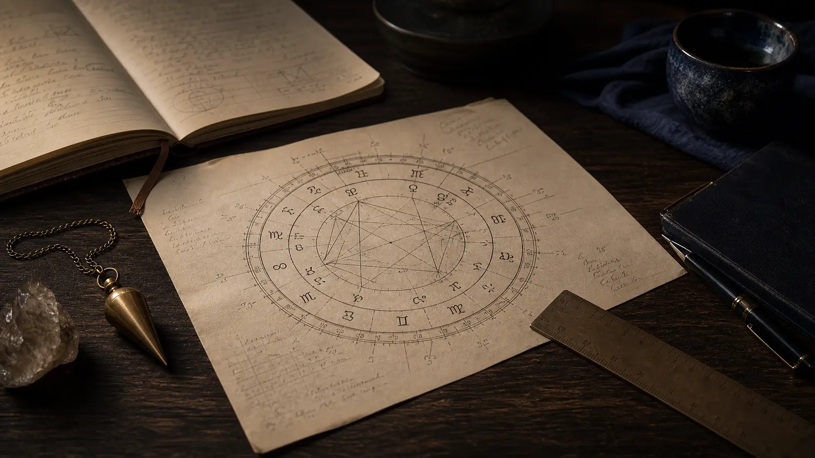 Carta astral, pluma y cuaderno sobre mesa oscura con luz suave e índigo