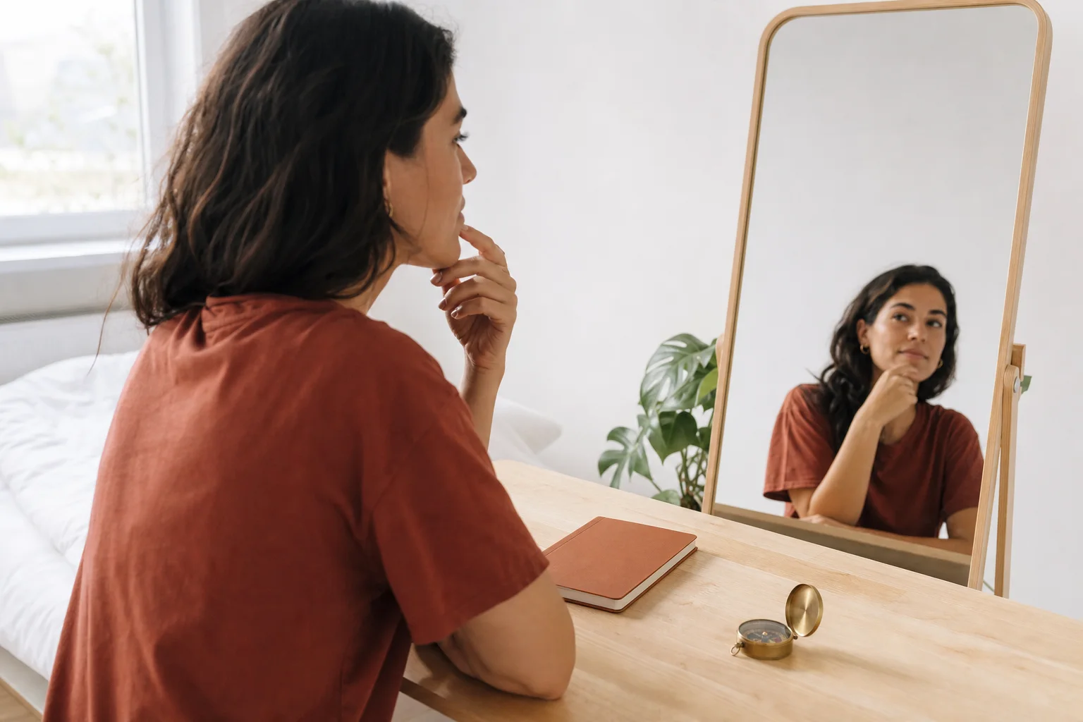 Mujer reflexionando frente a un espejo con un cuaderno cerrado y una brújula sobre una mesa luminosa