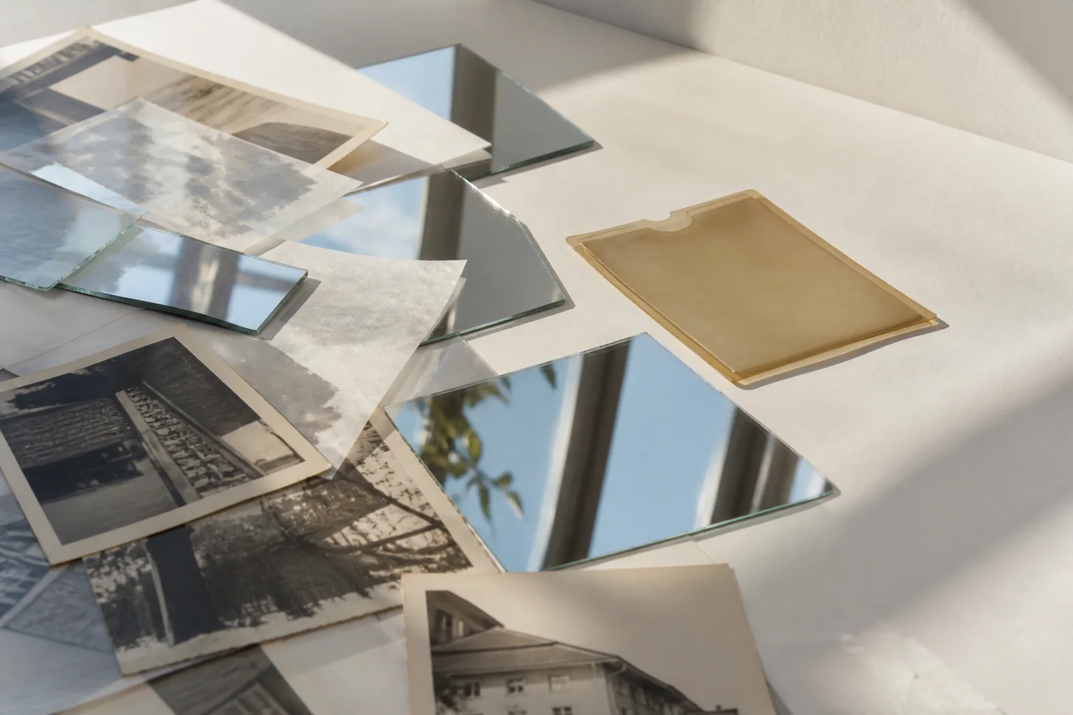 Fotografías y fragmentos de espejo que reflejan partes del cielo y una habitación sobre una superficie clara