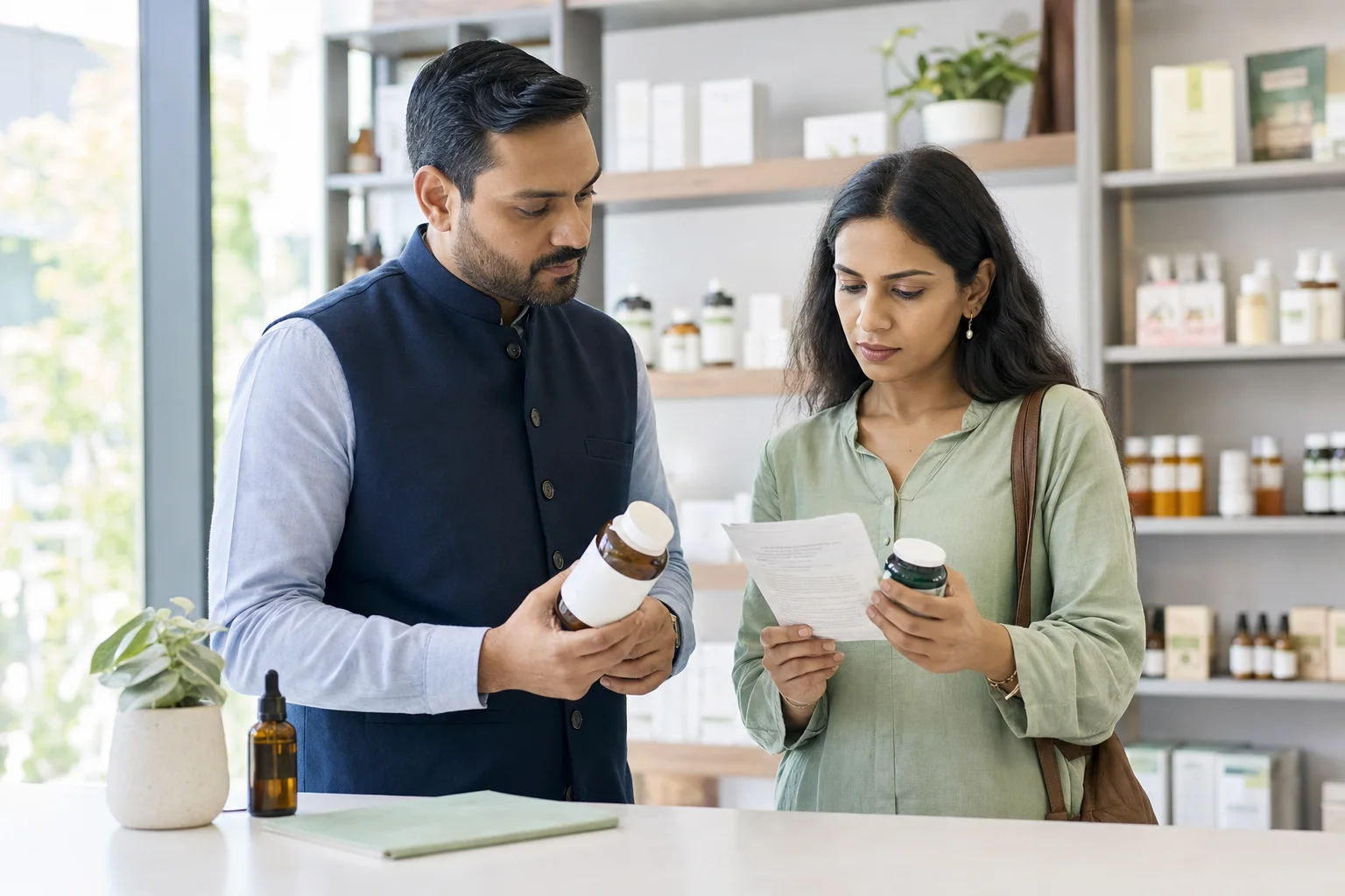 Persona comparando con una profesional distintos productos ayurvédicos en un espacio claro y contemporáneo