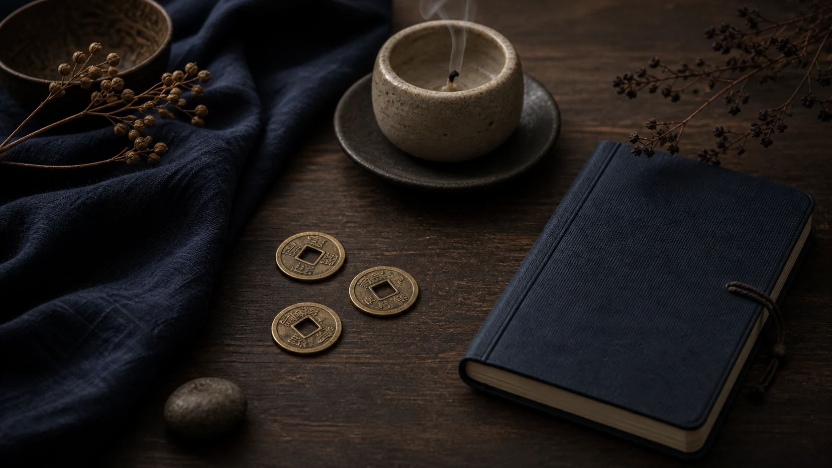 Monedas y notas del I Ching en una mesa oscura con luz tenue y composición serena
