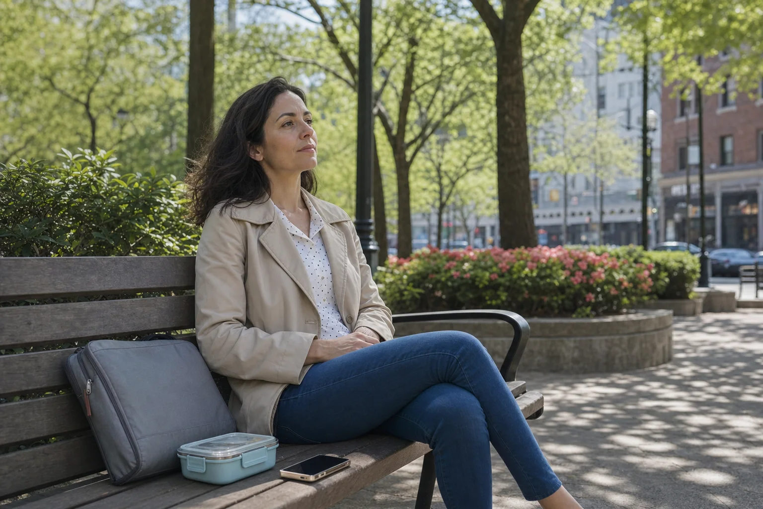 Mujer retomando una pausa contemplativa durante una jornada cotidiana en un parque urbano luminoso
