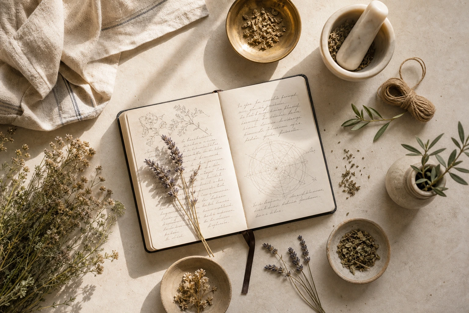 Mesa ritual con cuaderno, vela, sal y plantas secas en una escena luminosa y sobria