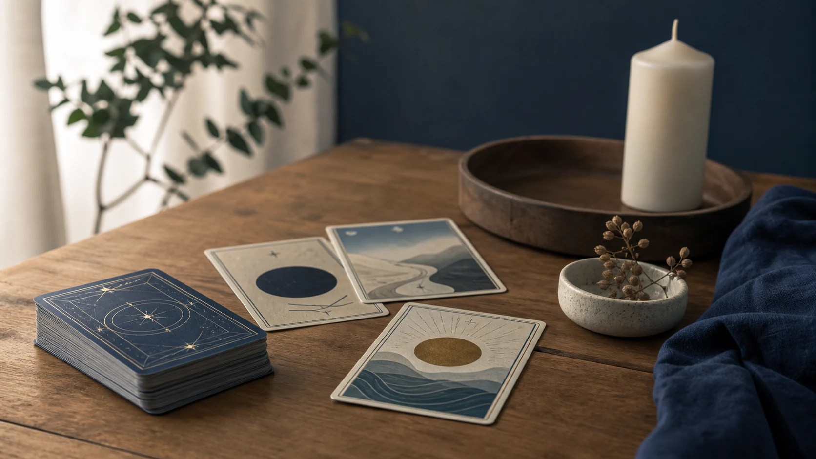 Cartas oraculares ligeramente desordenadas sobre una mesa, en una composición sobria