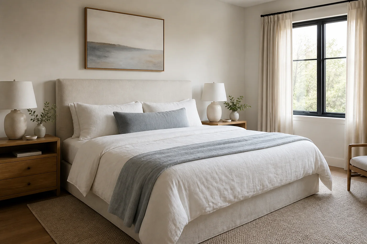 Dormitorio sereno con cama respaldada, circulación despejada y luz natural suave