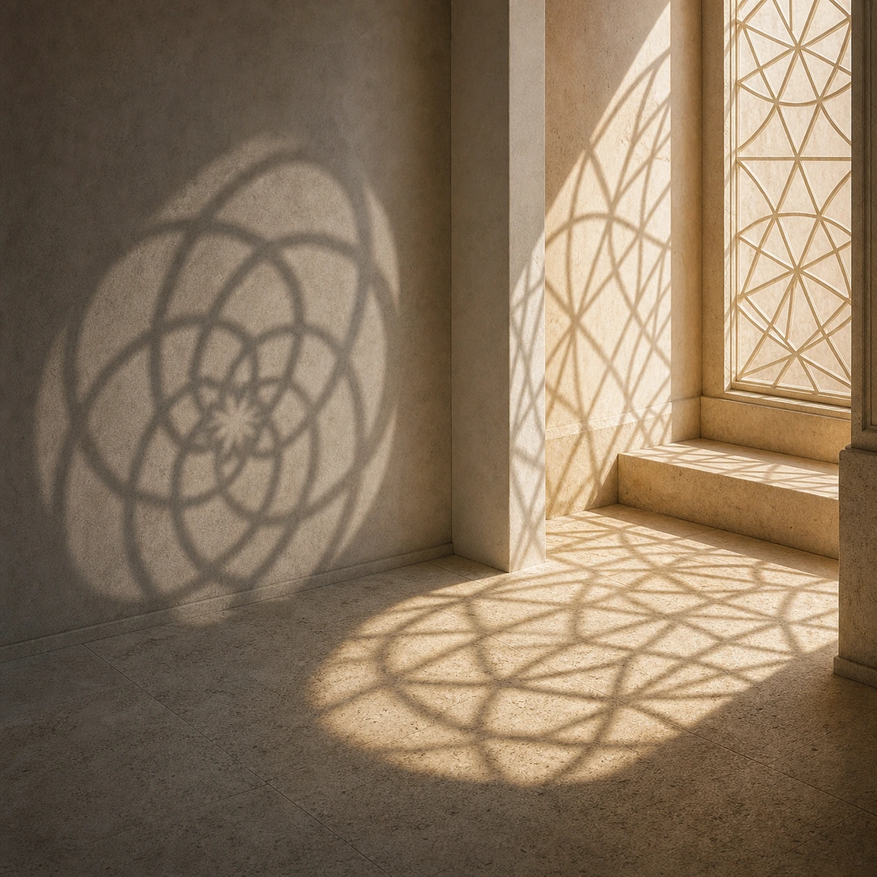 Geometría espiritual con contraste suave entre sombra y claridad en un espacio arquitectónico luminoso
