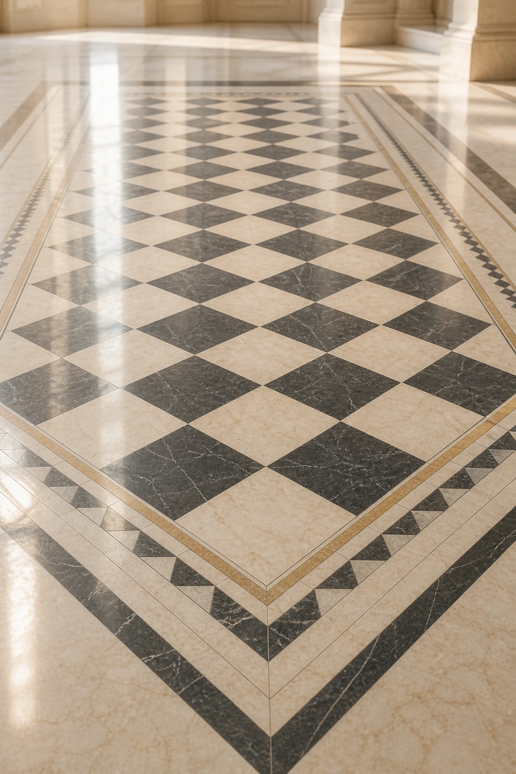 Piso ajedrezado luminoso con líneas doradas y una perspectiva arquitectónica elegante, sobria y clara