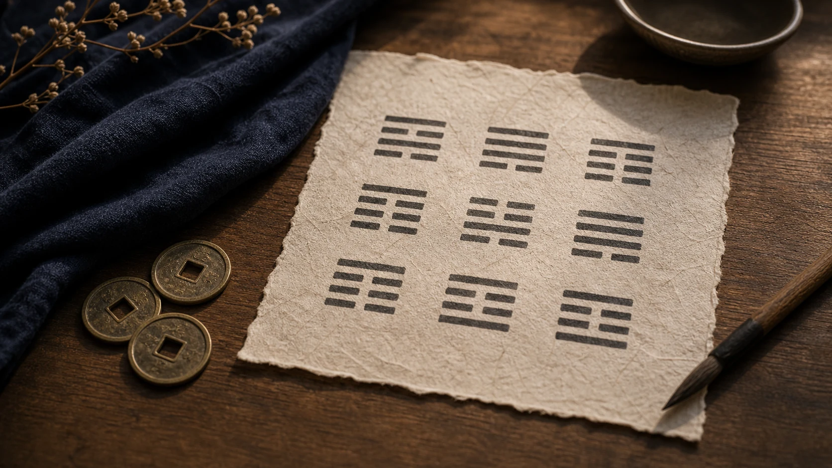Diagrama sobrio de hexagramas del I Ching sobre papel artesanal junto a monedas