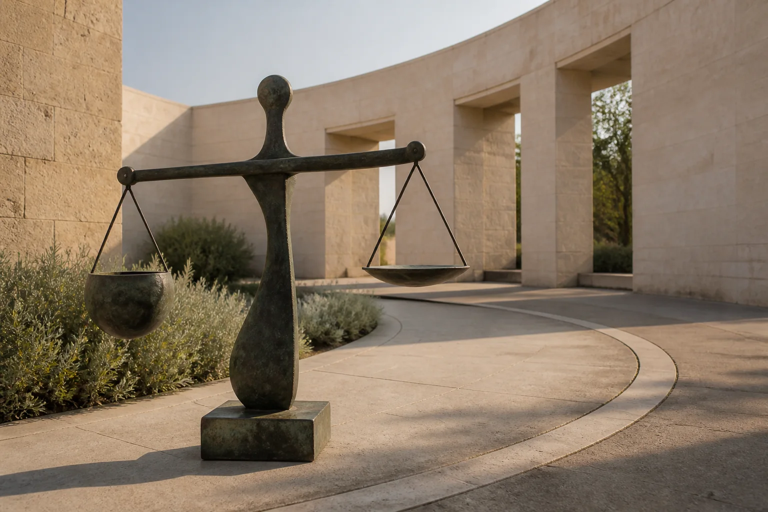Balanza escultórica de bronce junto a un sendero circular en un patio de piedra iluminado