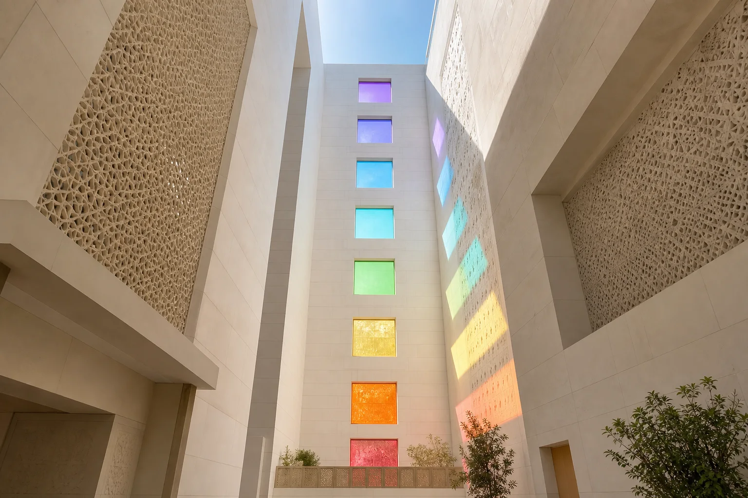 Atrio arquitectónico luminoso con siete paneles de vidrio de colores proyectando reflejos sobre piedra clara