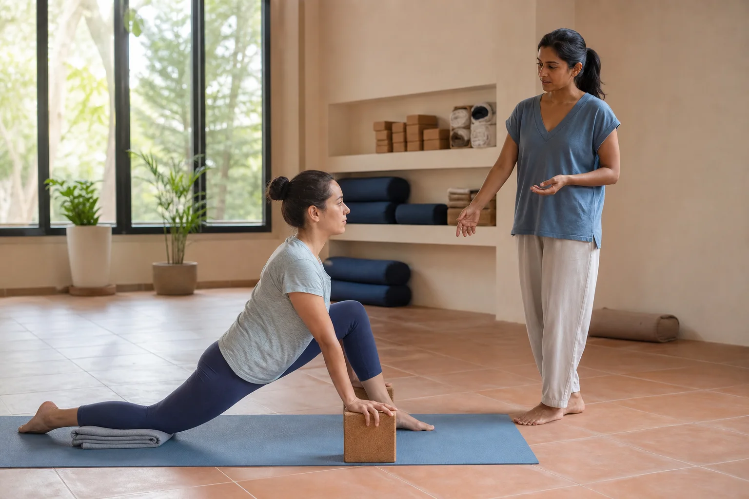 Principiante practicando una postura de yoga con bloques bajo la orientación de una instructora en un estudio luminoso
