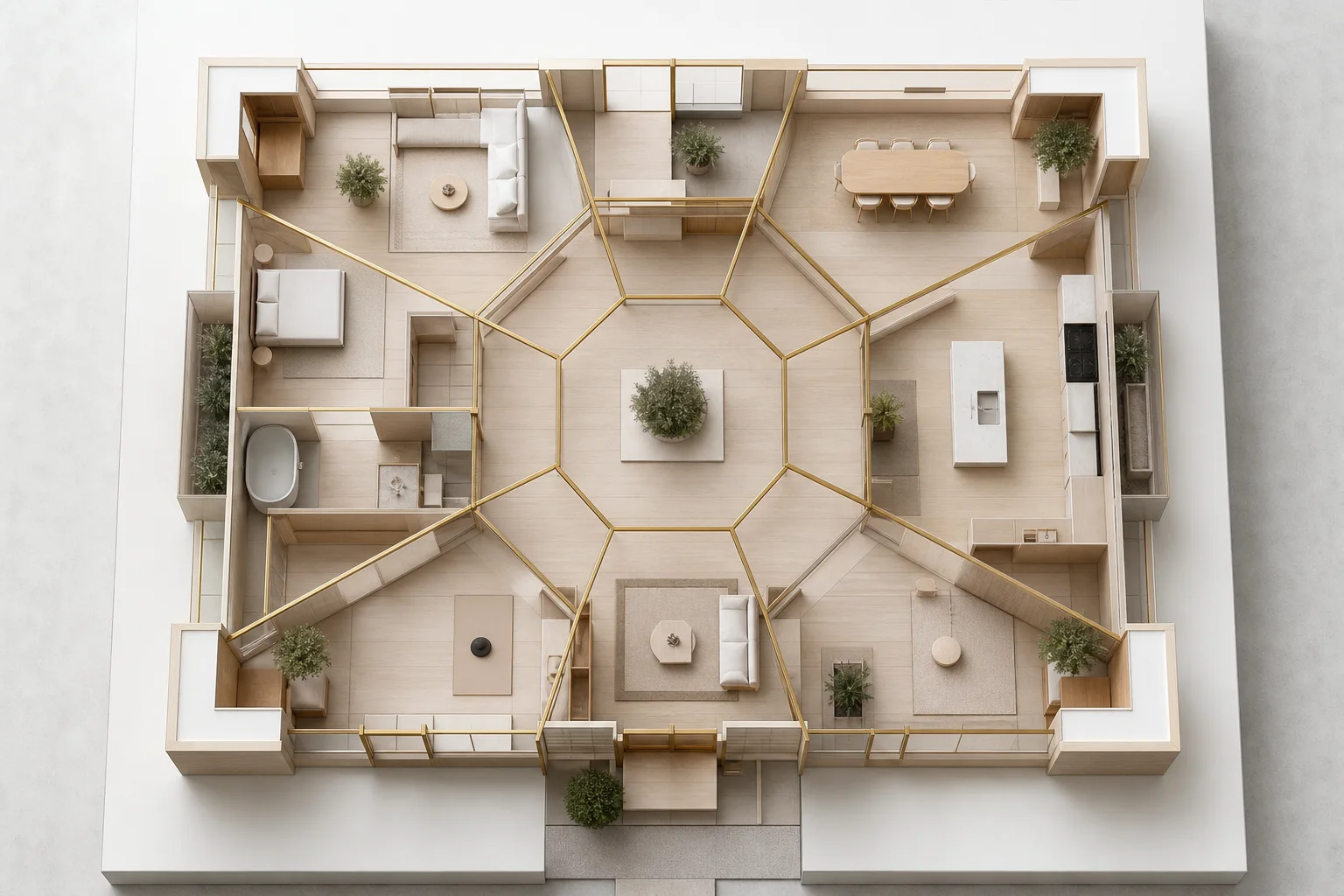 Modelo arquitectónico cenital organizado en ocho sectores alrededor de un centro