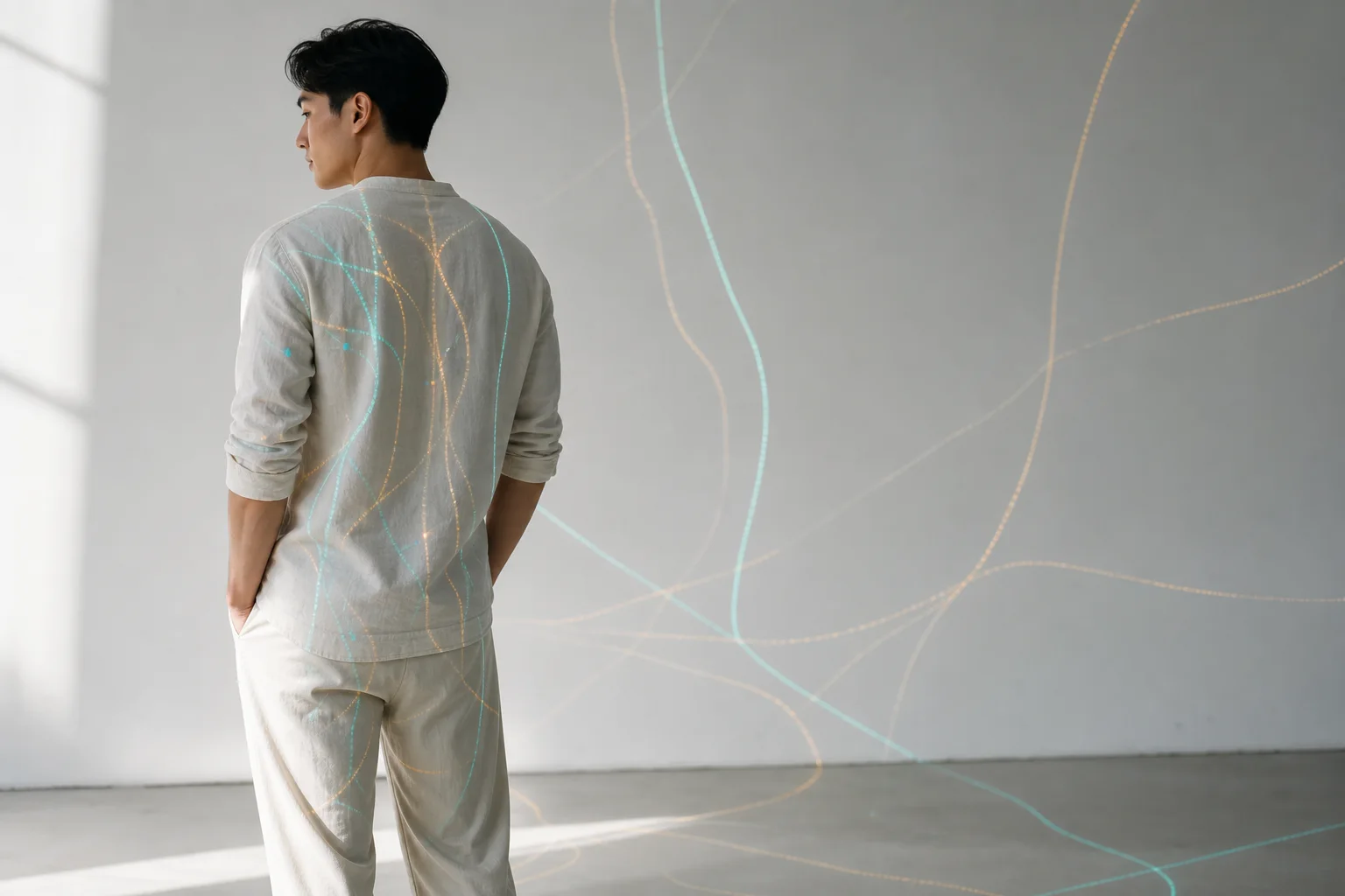 Figura humana de espaldas con líneas luminosas sutiles proyectadas sobre la ropa y una pared clara