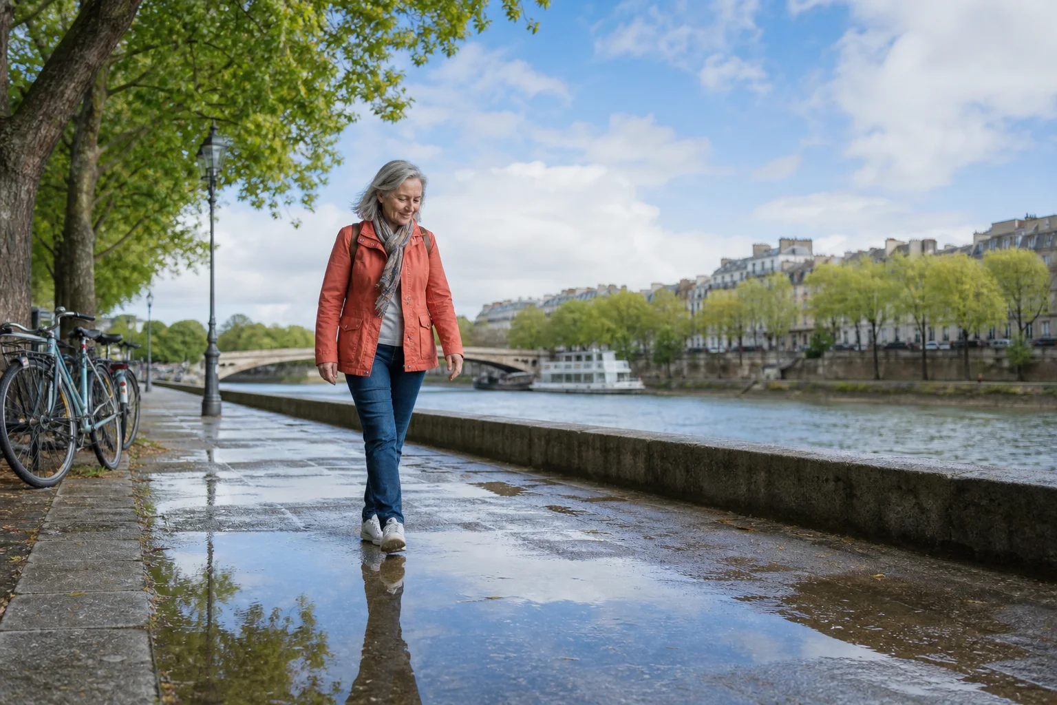 Mujer caminando con atención junto a un río luminoso después de la lluvia