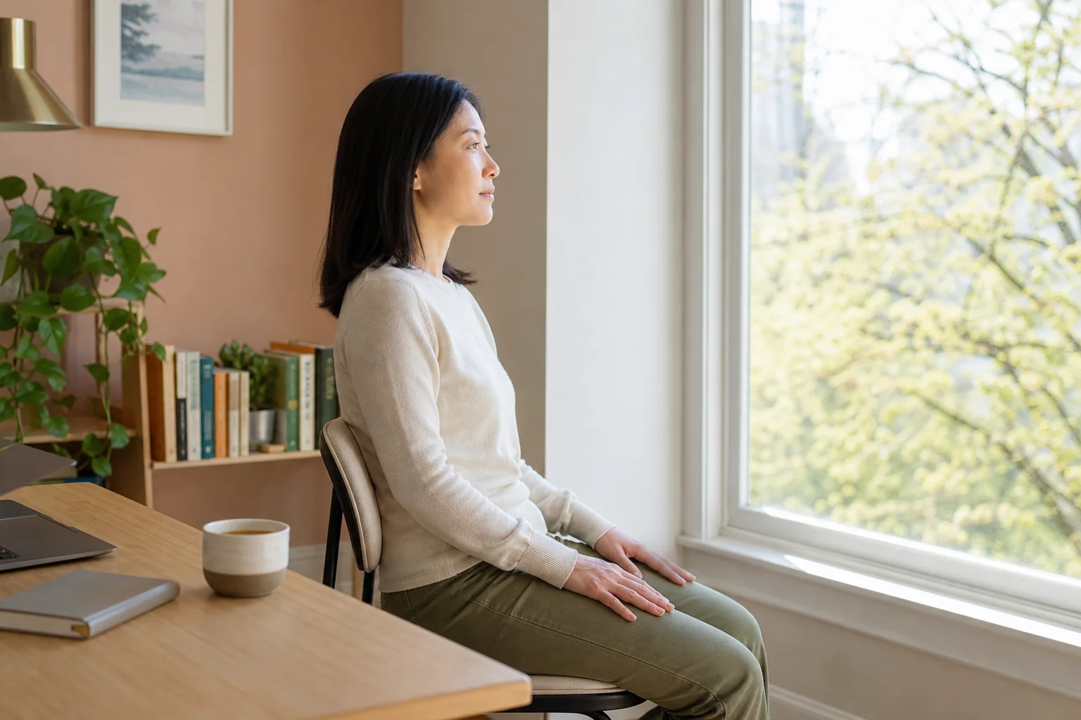 Mujer realizando una pausa breve de mindfulness junto a una ventana en un espacio doméstico luminoso