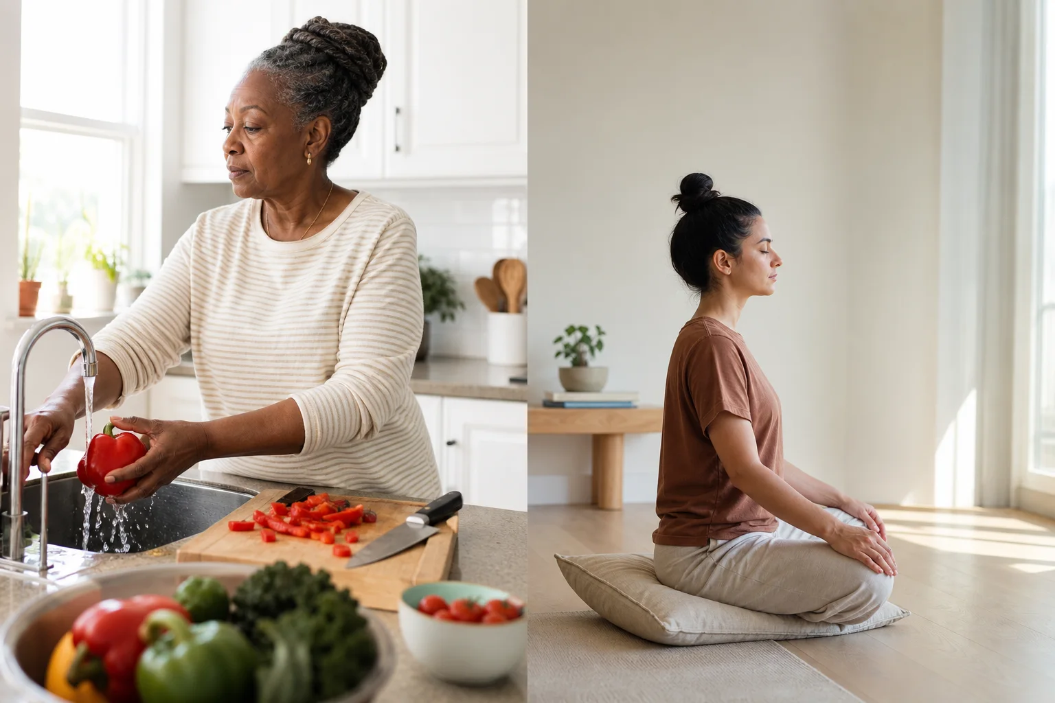 Díptico luminoso que contrasta atención consciente al cocinar con una práctica formal de meditación sentada