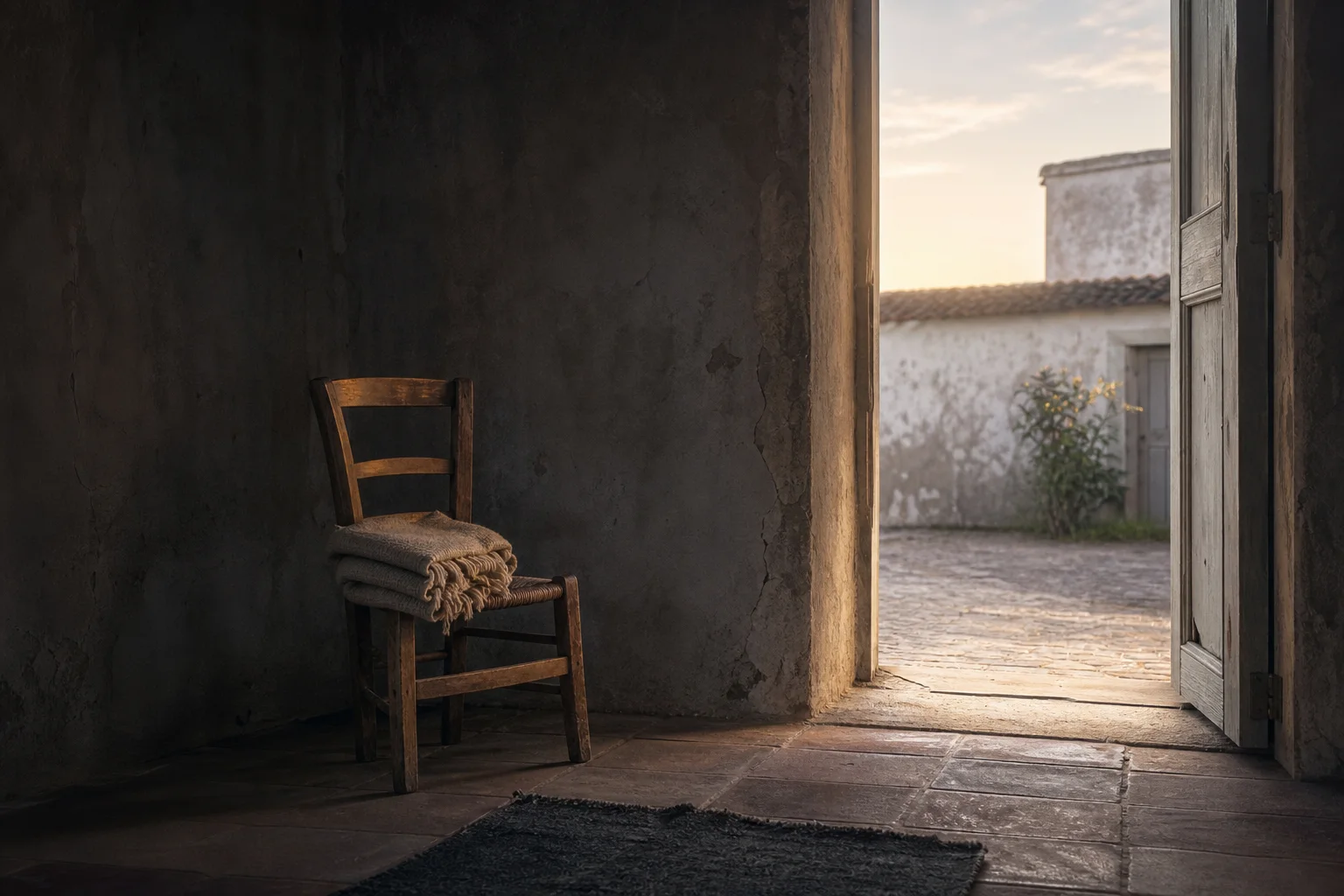 Habitación introspectiva en penumbra con una silla y una puerta abierta hacia un patio iluminado al amanecer