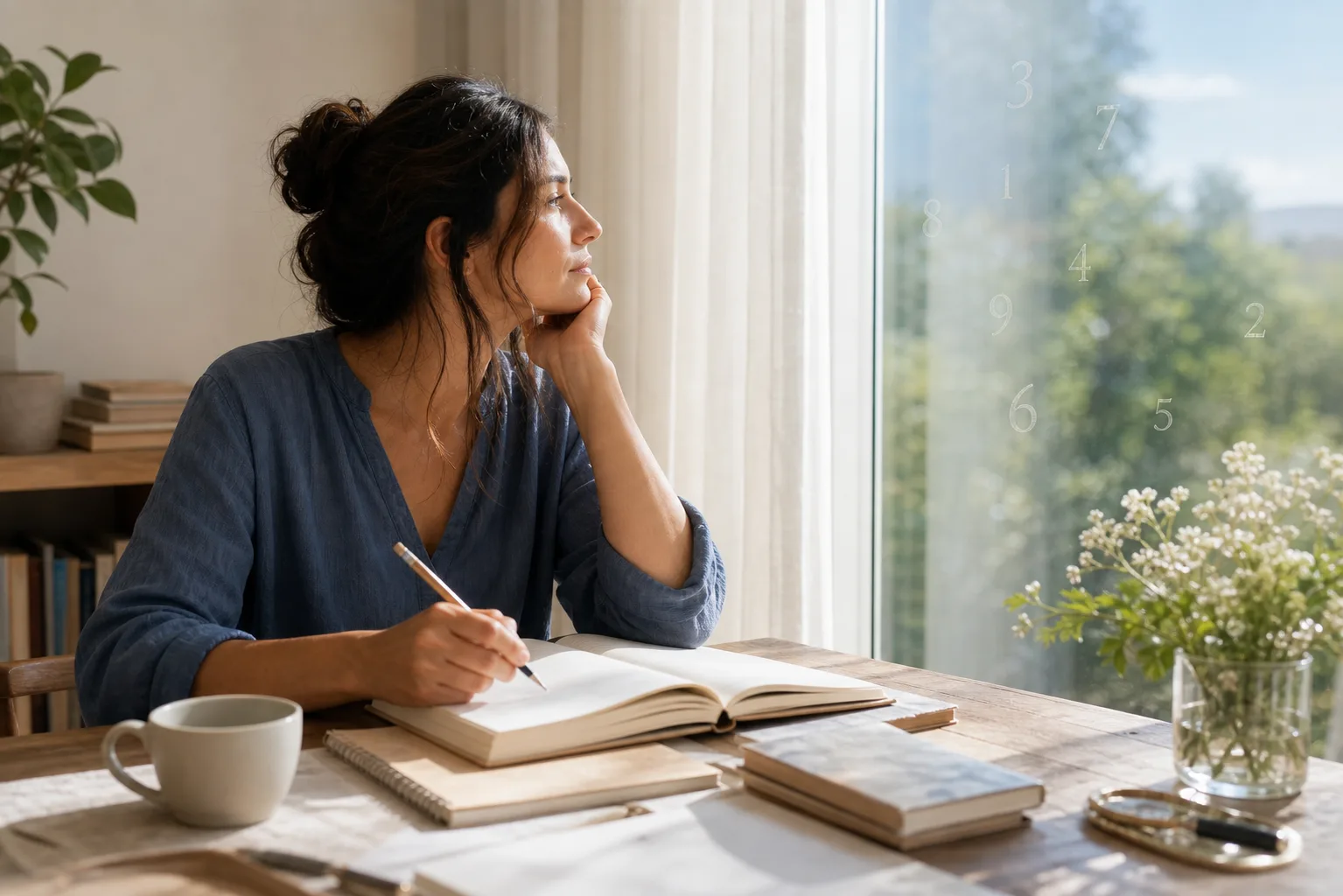 Persona escribiendo junto a una ventana con números delicados de luz y tonos claros, en clave editorial