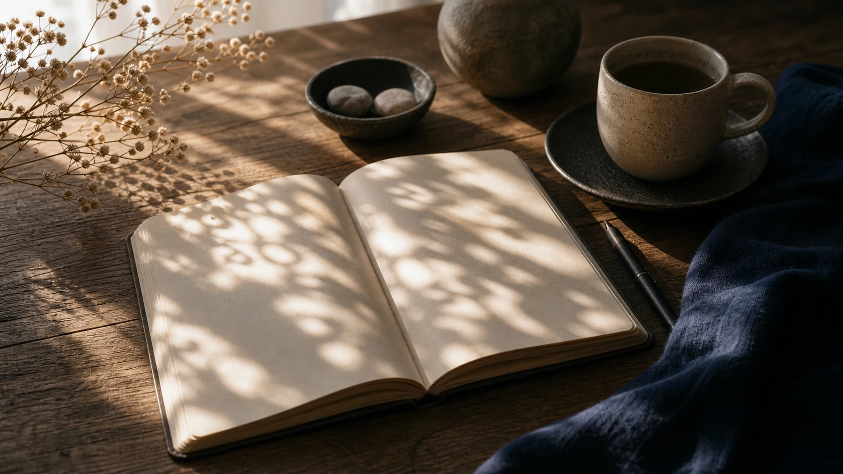 Sombras de números abstractos sobre un cuaderno y una taza con luz suave de mañana