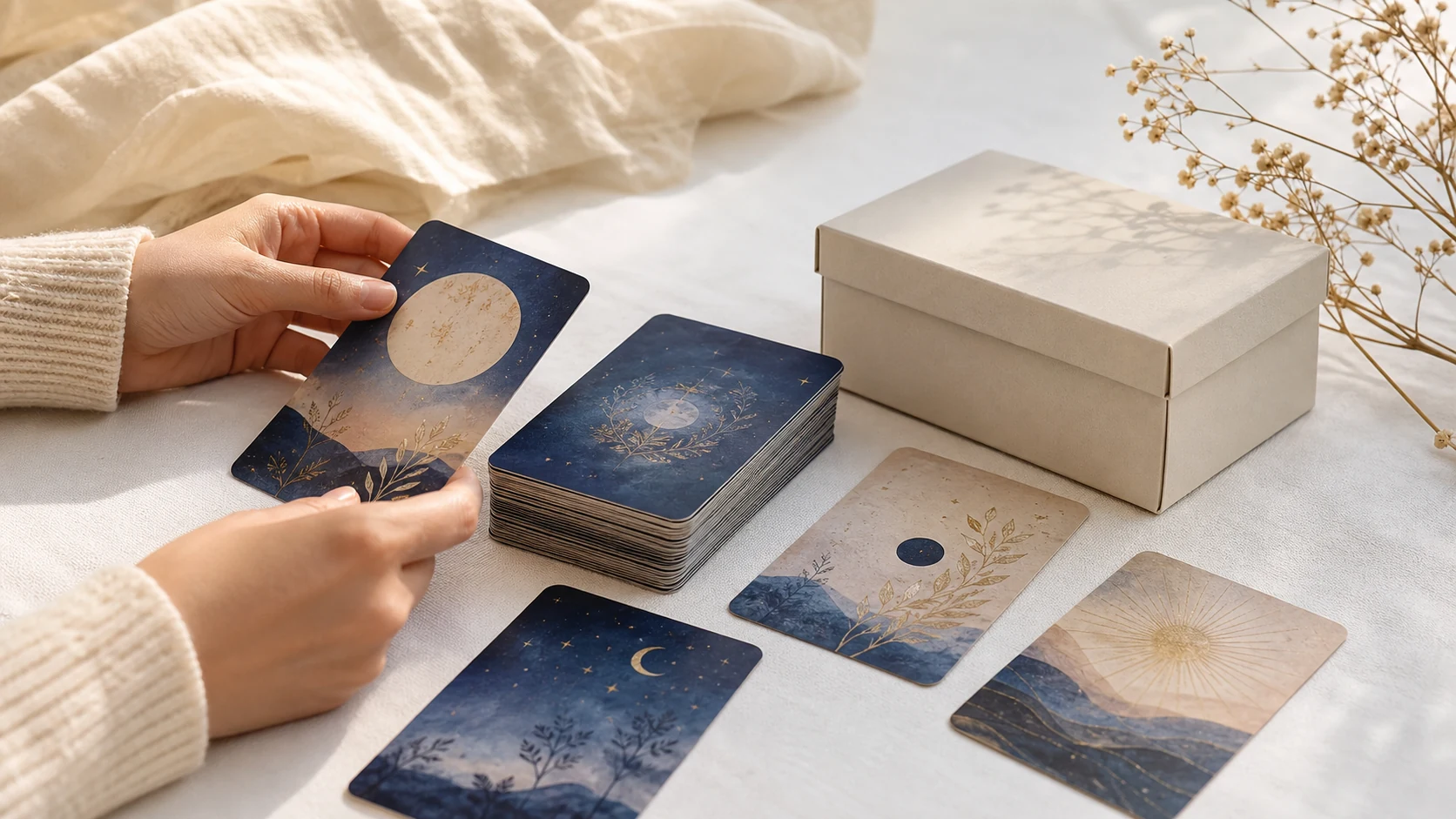 Manos sosteniendo un mazo de cartas oraculares nuevo junto a su caja, con luz suave