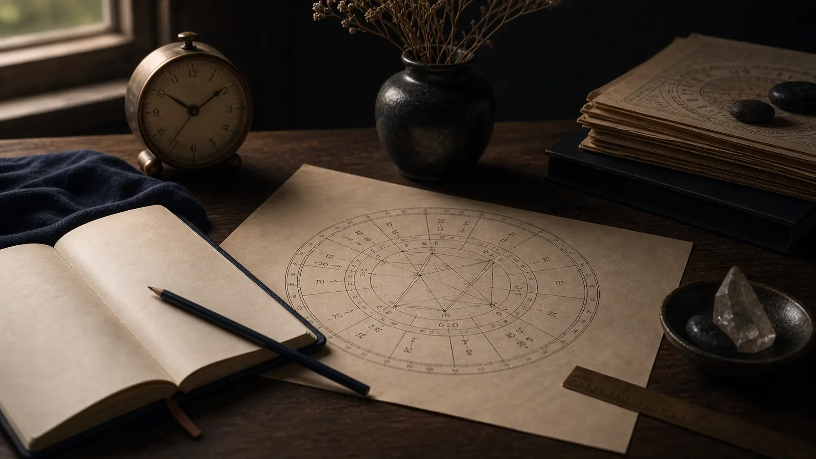 Rueda zodiacal sobre papel artesanal con luz suave e índigo profundo
